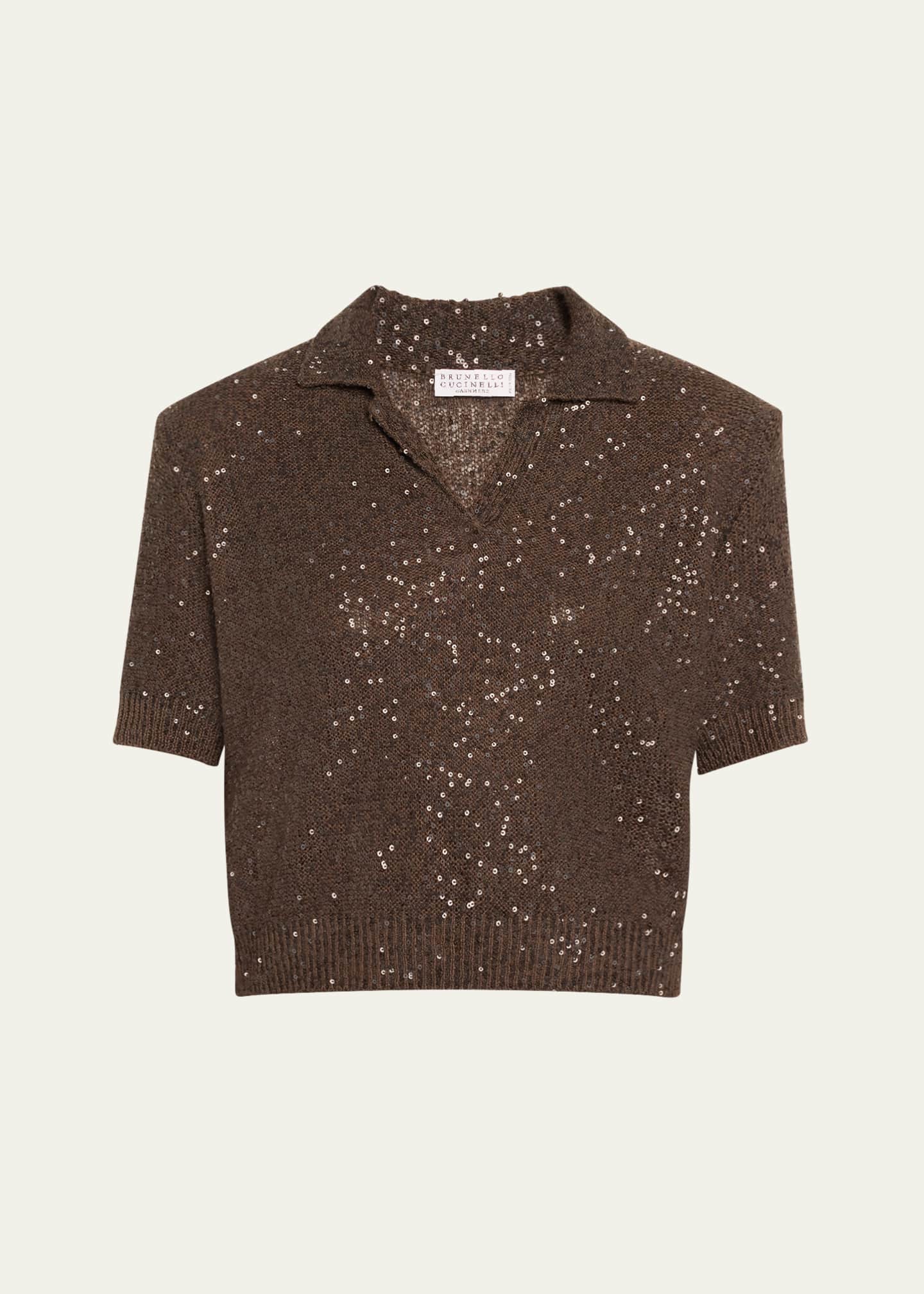 Brunello Cucinelli Sequined Cashmere Cropped Polo Sweater Image 1 of 5