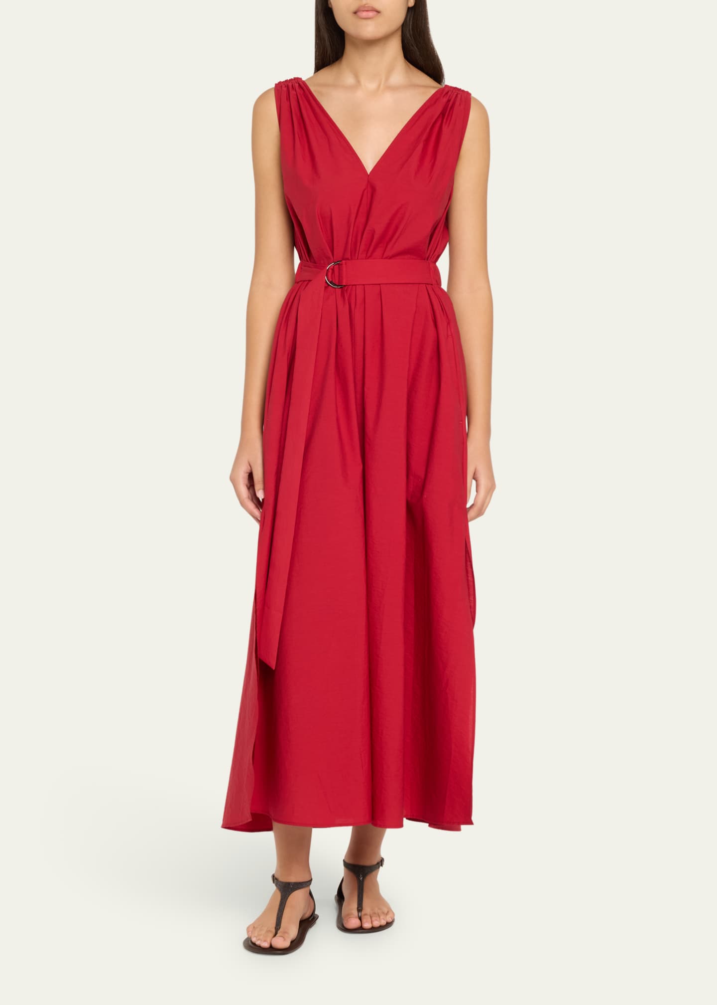 Brunello Cucinelli Monili-Shoulder Belted Crinkle Cotton Midi Dress Image 2 of 5
