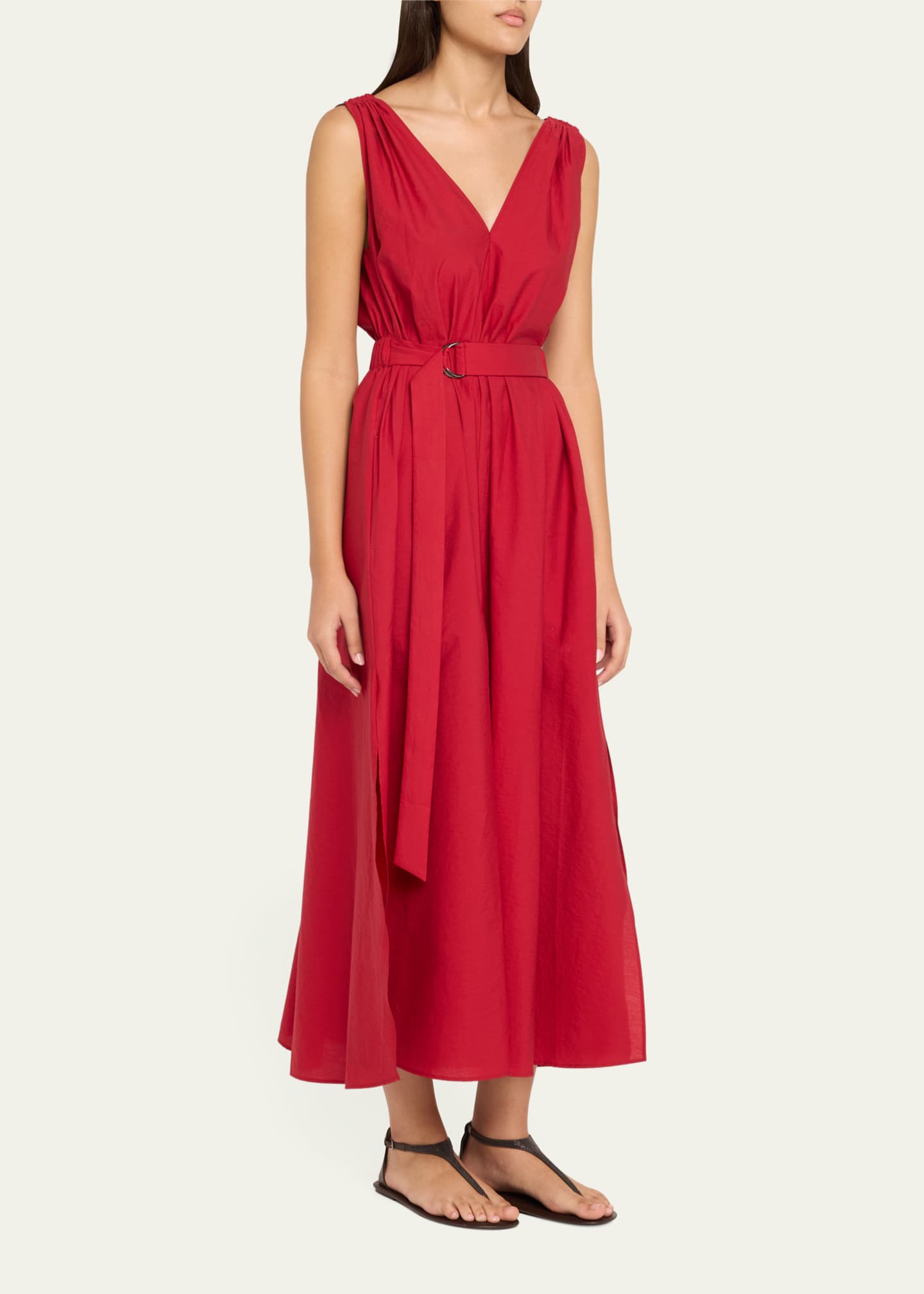 Brunello Cucinelli Monili-Shoulder Belted Crinkle Cotton Midi Dress Image 4 of 5