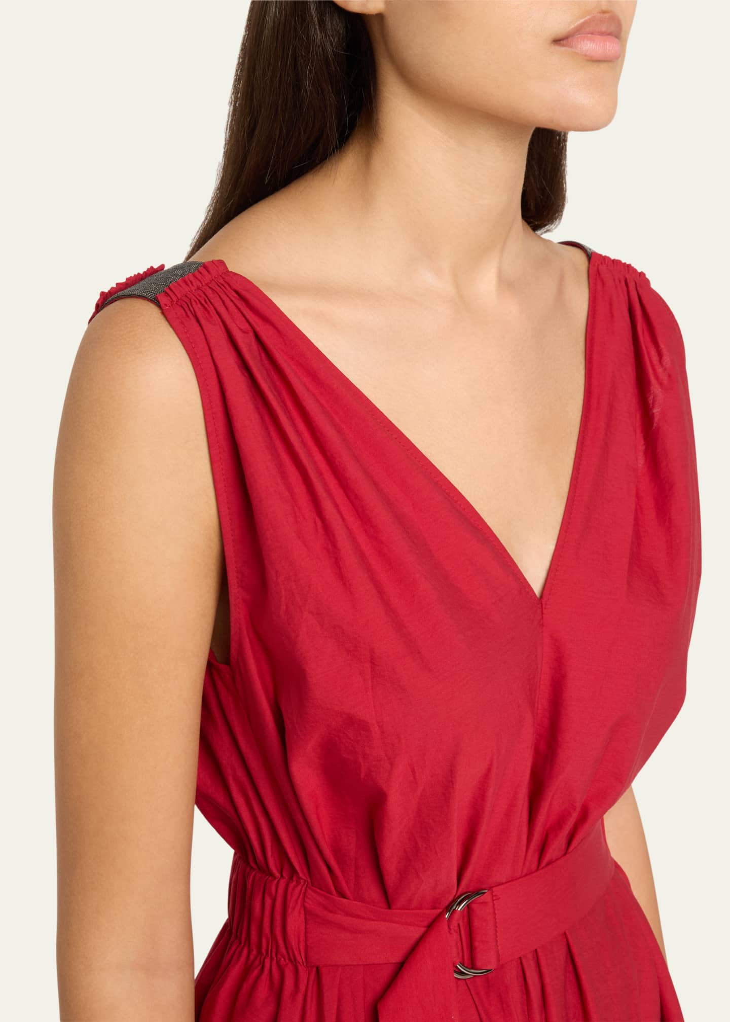 Brunello Cucinelli Monili-Shoulder Belted Crinkle Cotton Midi Dress Image 5 of 5