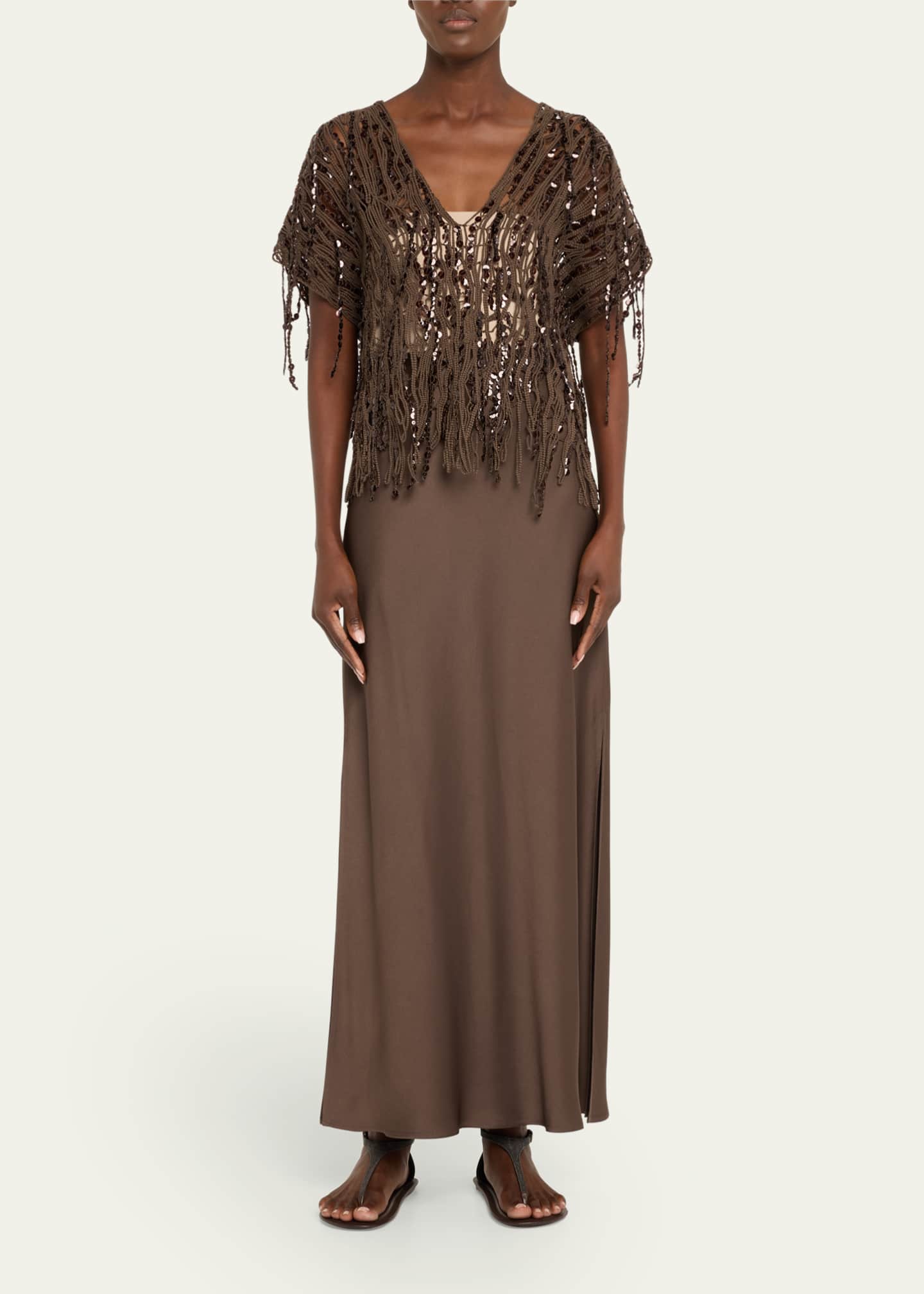 Brunello Cucinelli Sequin Macrame Embroidered V-Neck Sweater Image 2 of 5