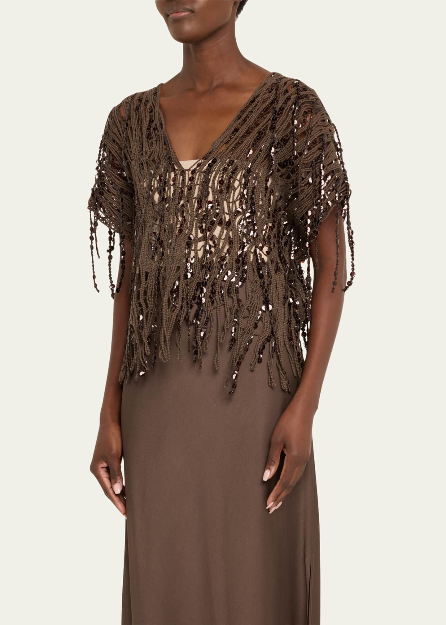 Brunello Cucinelli Sequin Macrame Embroidered V-Neck Sweater Image 4 of 5