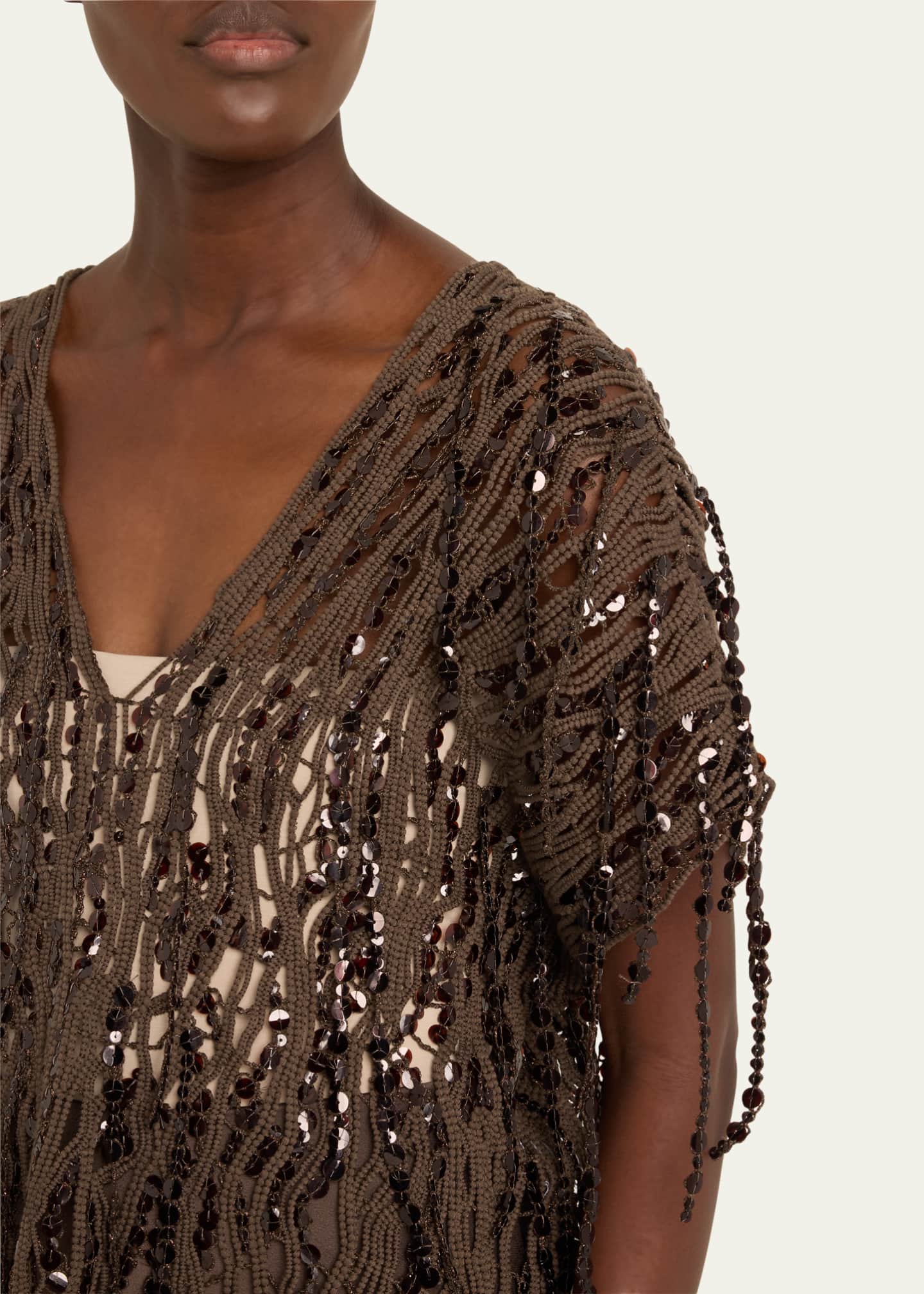 Brunello Cucinelli Sequin Macrame Embroidered V-Neck Sweater Image 5 of 5