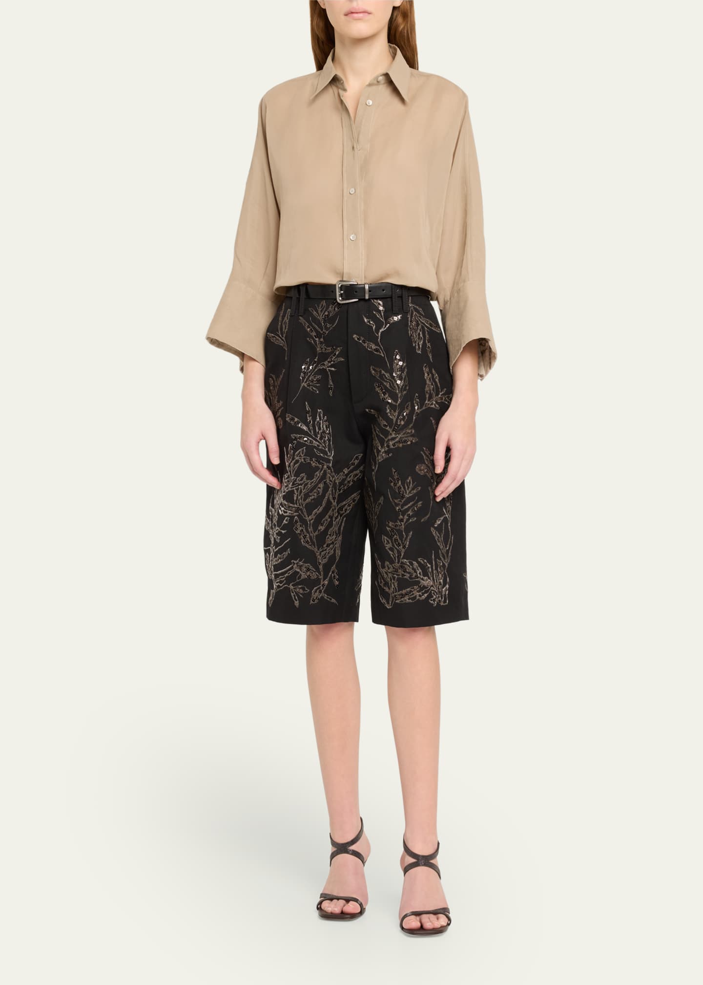 Brunello Cucinelli Embroidered-Cuff Cotton Gauze 3/4-Sleeve Shirt Image 2 of 5