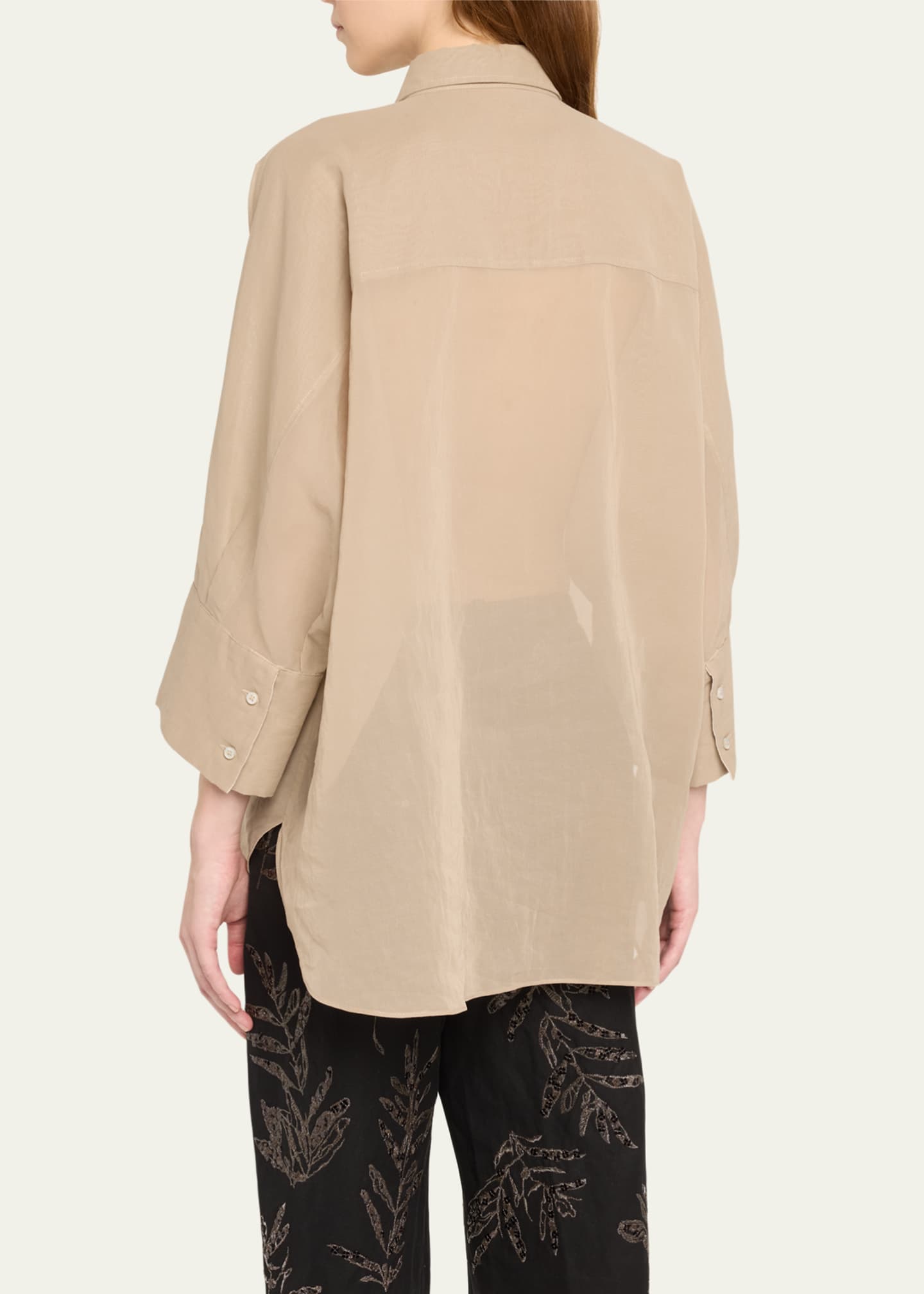Brunello Cucinelli Embroidered-Cuff Cotton Gauze 3/4-Sleeve Shirt Image 3 of 5