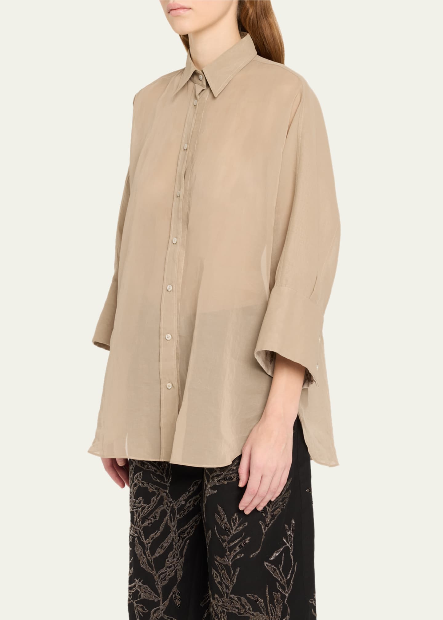 Brunello Cucinelli Embroidered-Cuff Cotton Gauze 3/4-Sleeve Shirt Image 4 of 5