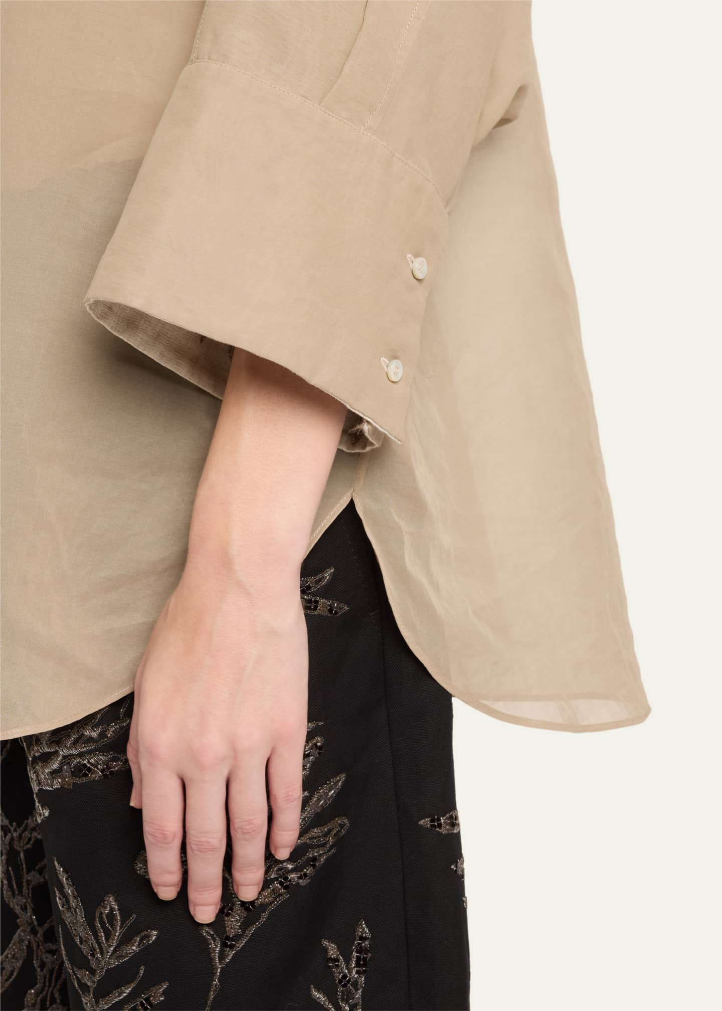 Brunello Cucinelli Embroidered-Cuff Cotton Gauze 3/4-Sleeve Shirt Image 5 of 5
