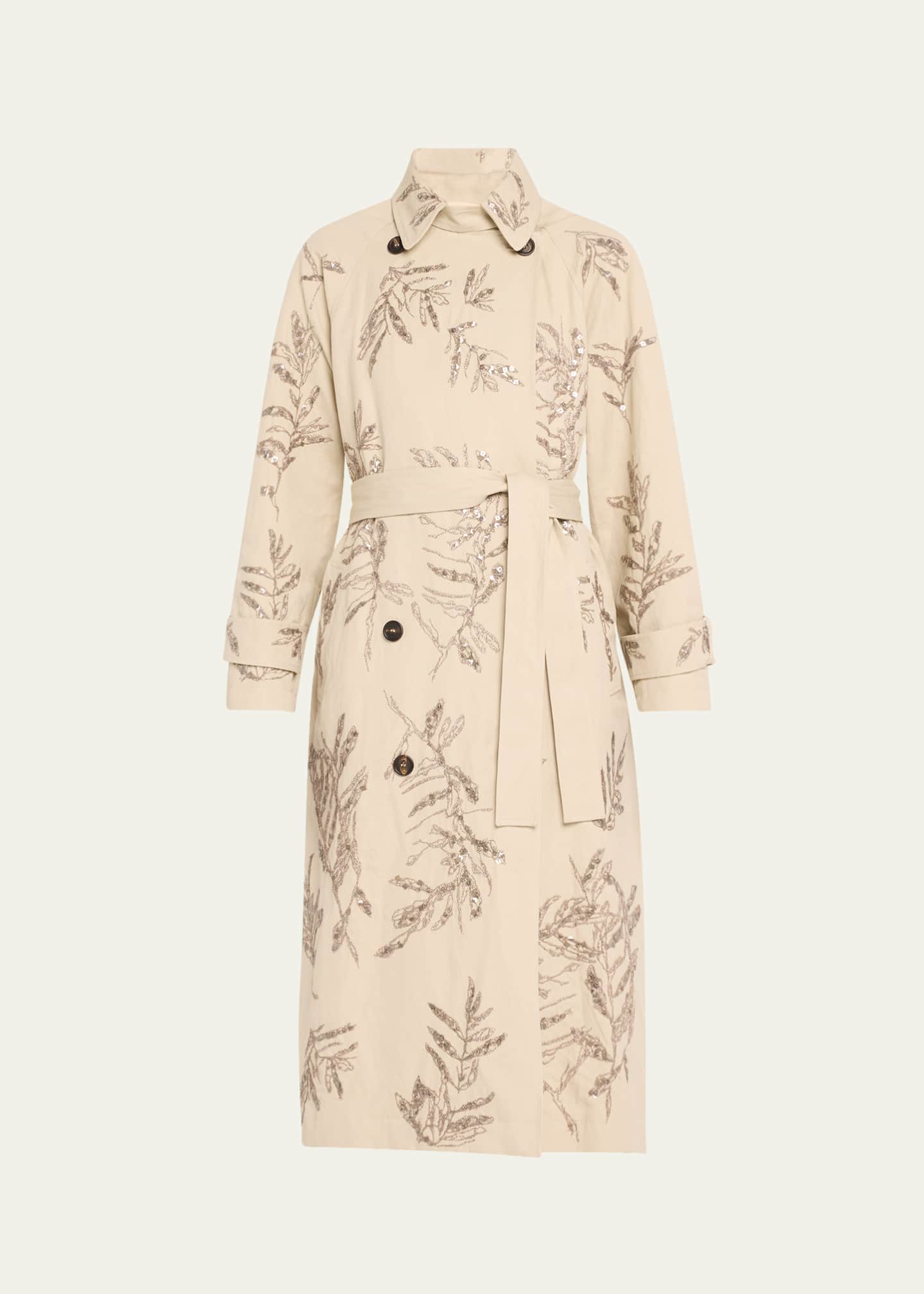 Brunello Cucinelli Herbarium Paillette Embroidered Belted Trench Coat Image 1 of 5