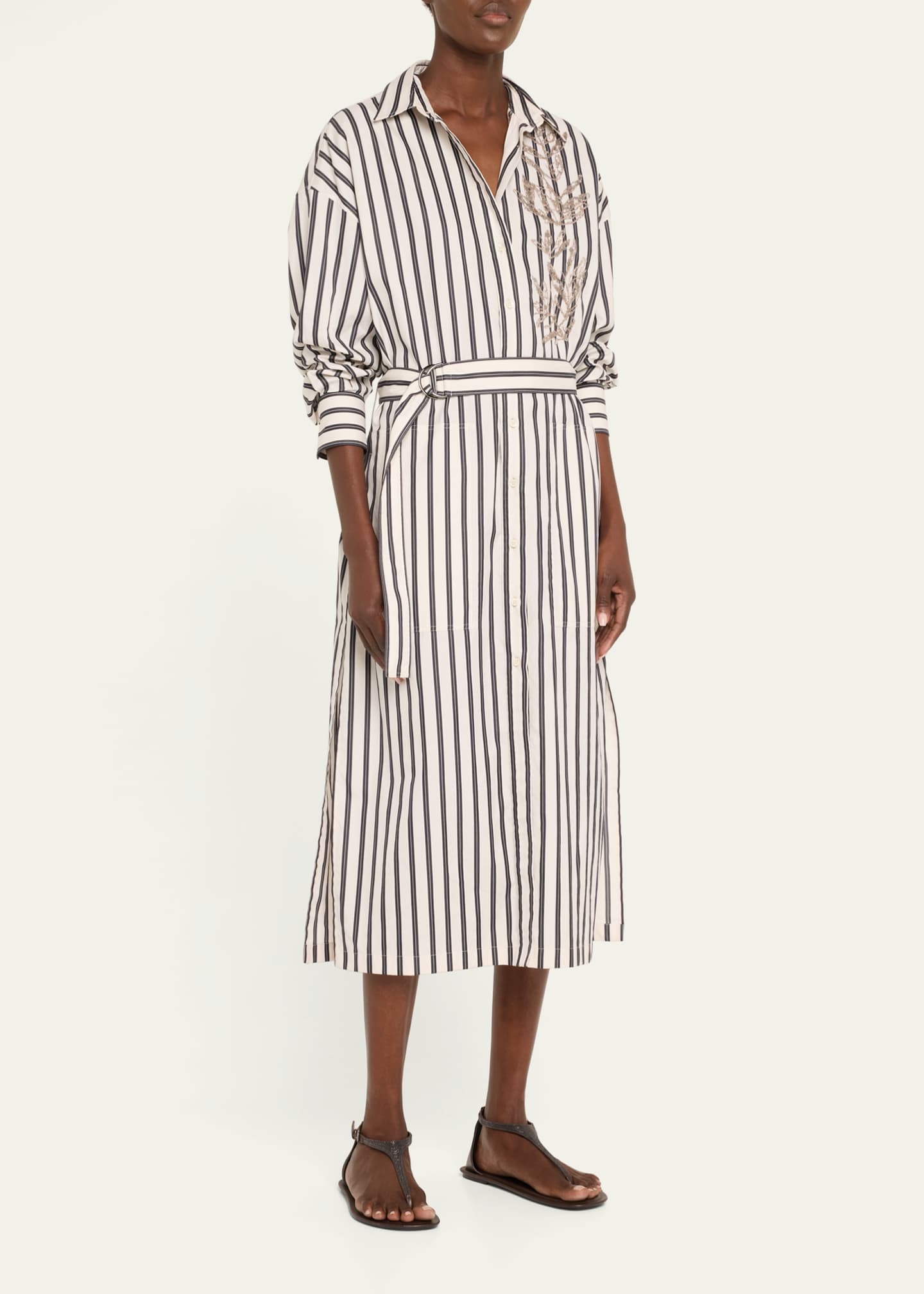 Brunello Cucinelli Stripe Sequined Herbarium Belted Midi Shirtdress Image 4 of 5