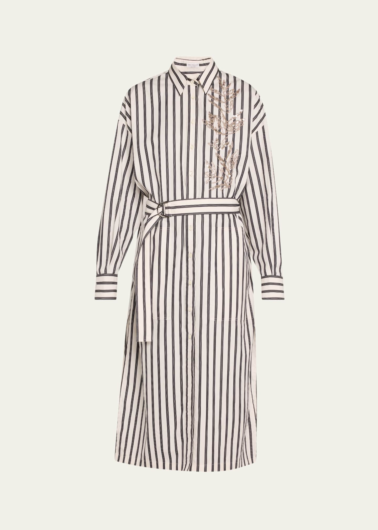 Brunello Cucinelli Stripe Sequined Herbarium Belted Midi Shirtdress Image 1 of 5