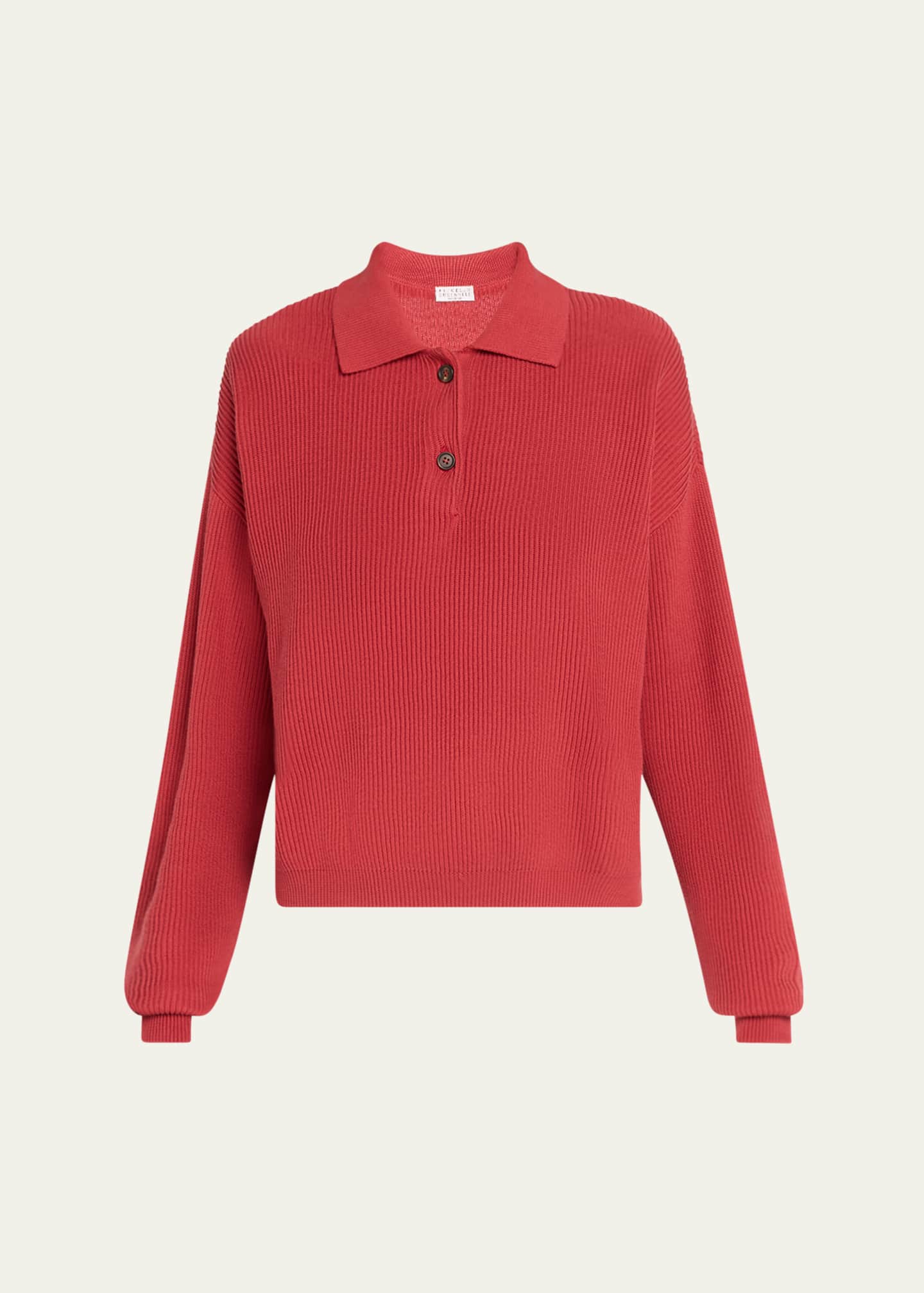 Brunello Cucinelli Cotton Rib-Knit Long-Sleeve Polo Sweater Image 1 of 5