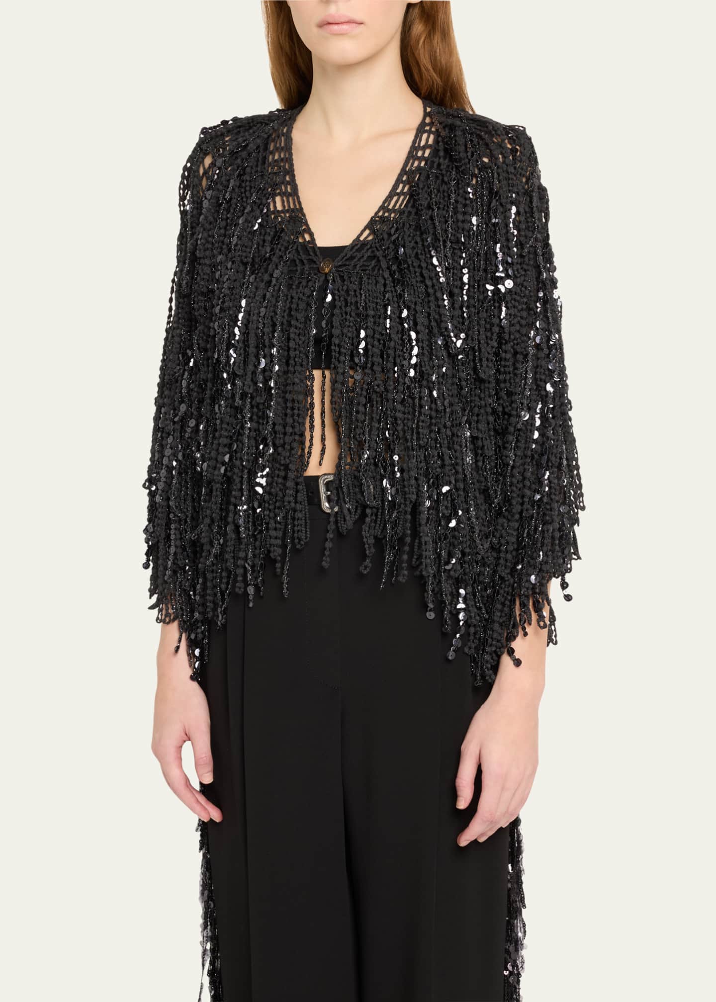 Brunello Cucinelli Paillette Fringe Embroidered Single-Button Cardigan Image 4 of 5