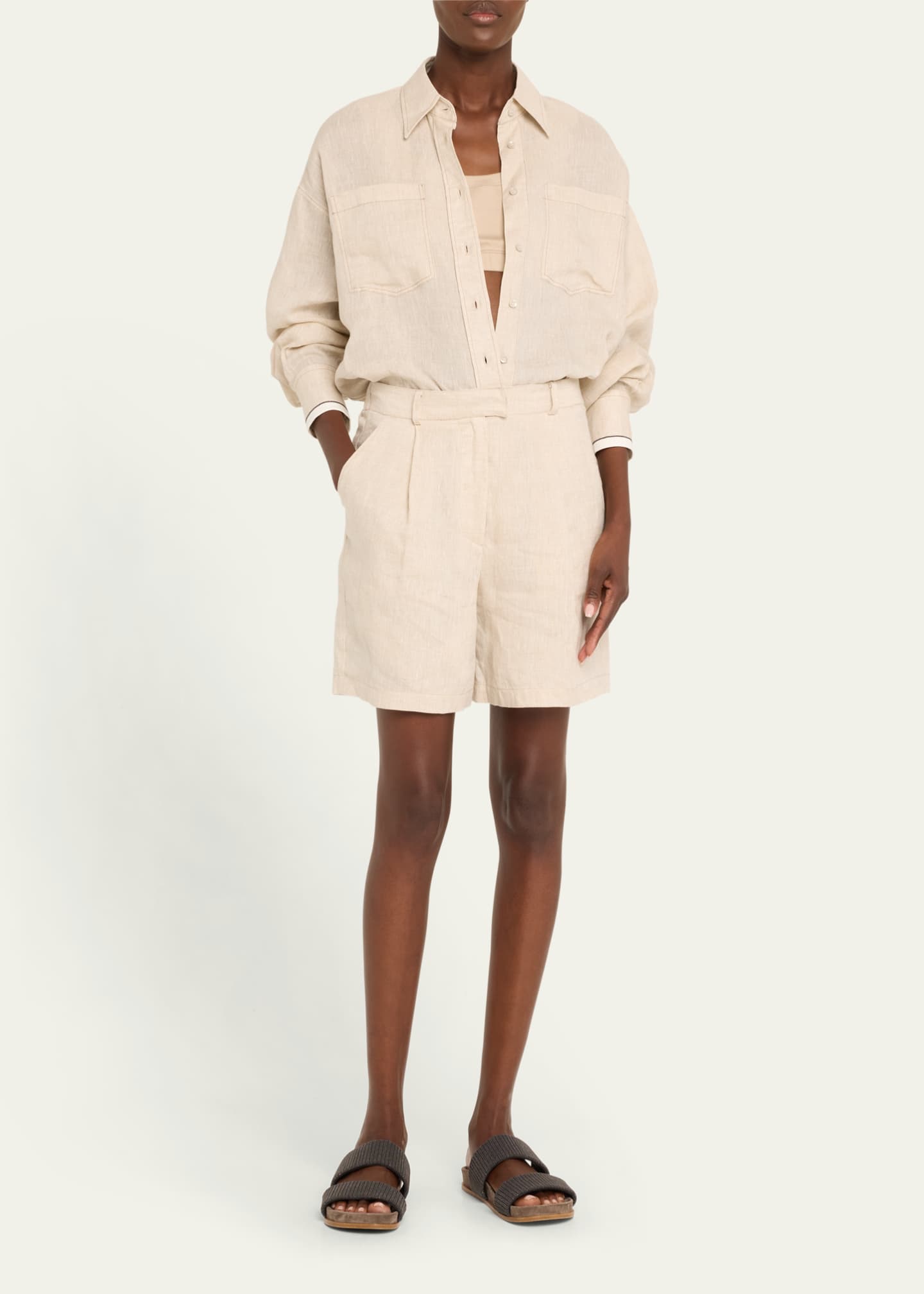 Brunello Cucinelli Linen Oversized Button Down Shirtdress with Satin Cuffs Image 2 of 5
