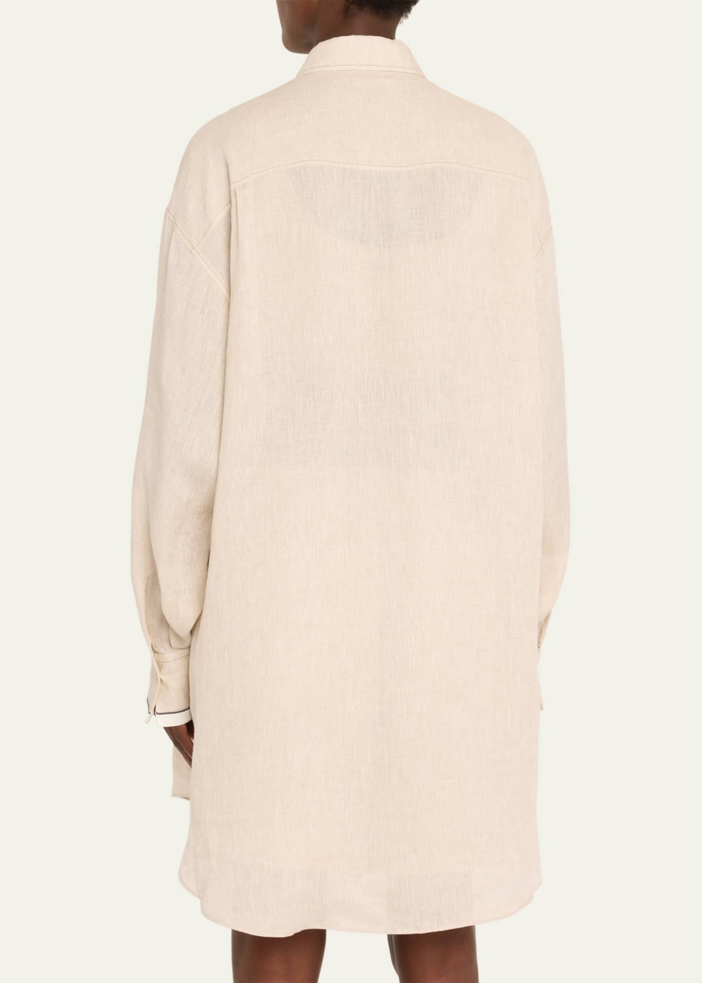Brunello Cucinelli Linen Oversized Button Down Shirtdress with Satin Cuffs Image 3 of 5