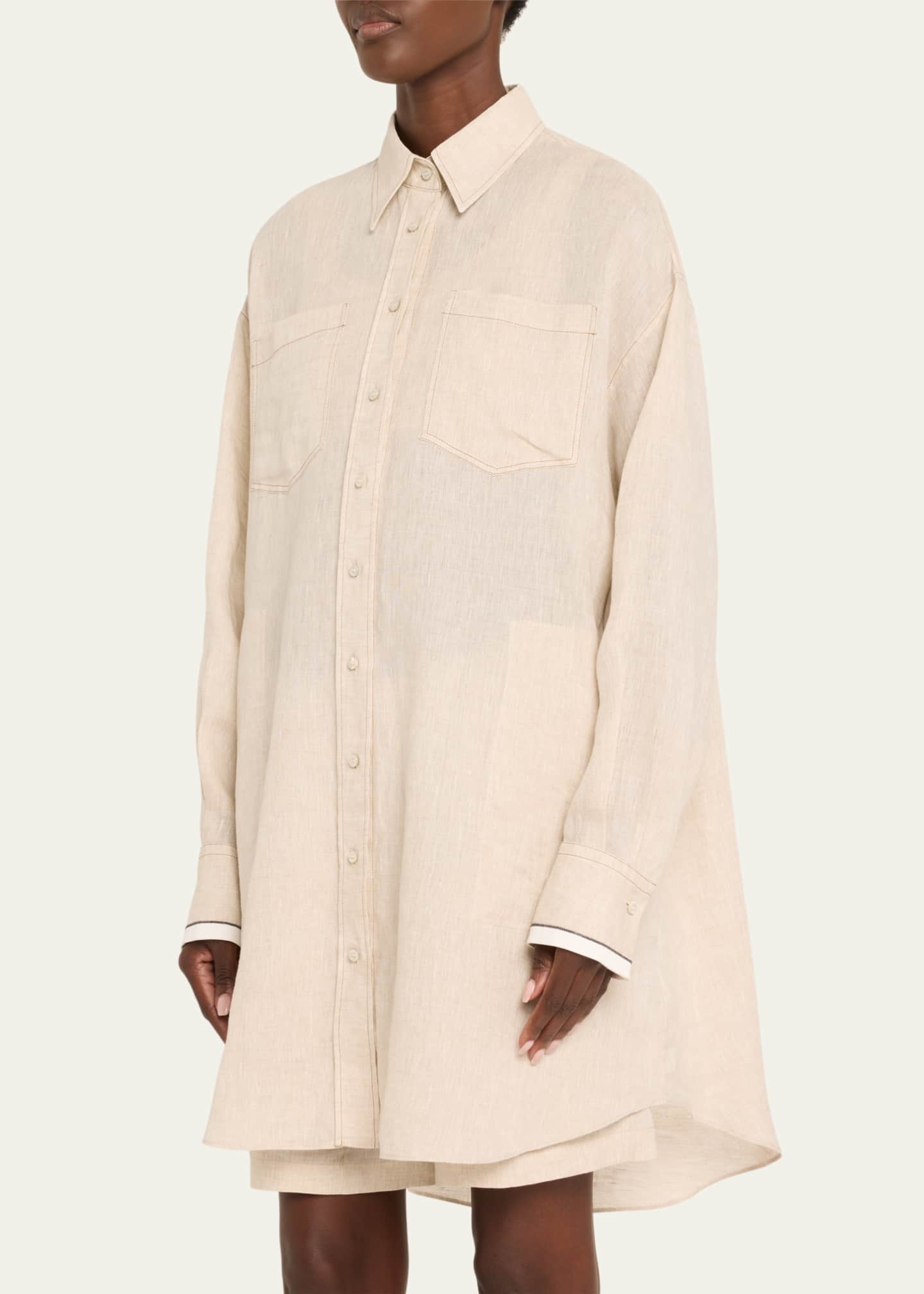 Brunello Cucinelli Linen Oversized Button Down Shirtdress with Satin Cuffs Image 4 of 5