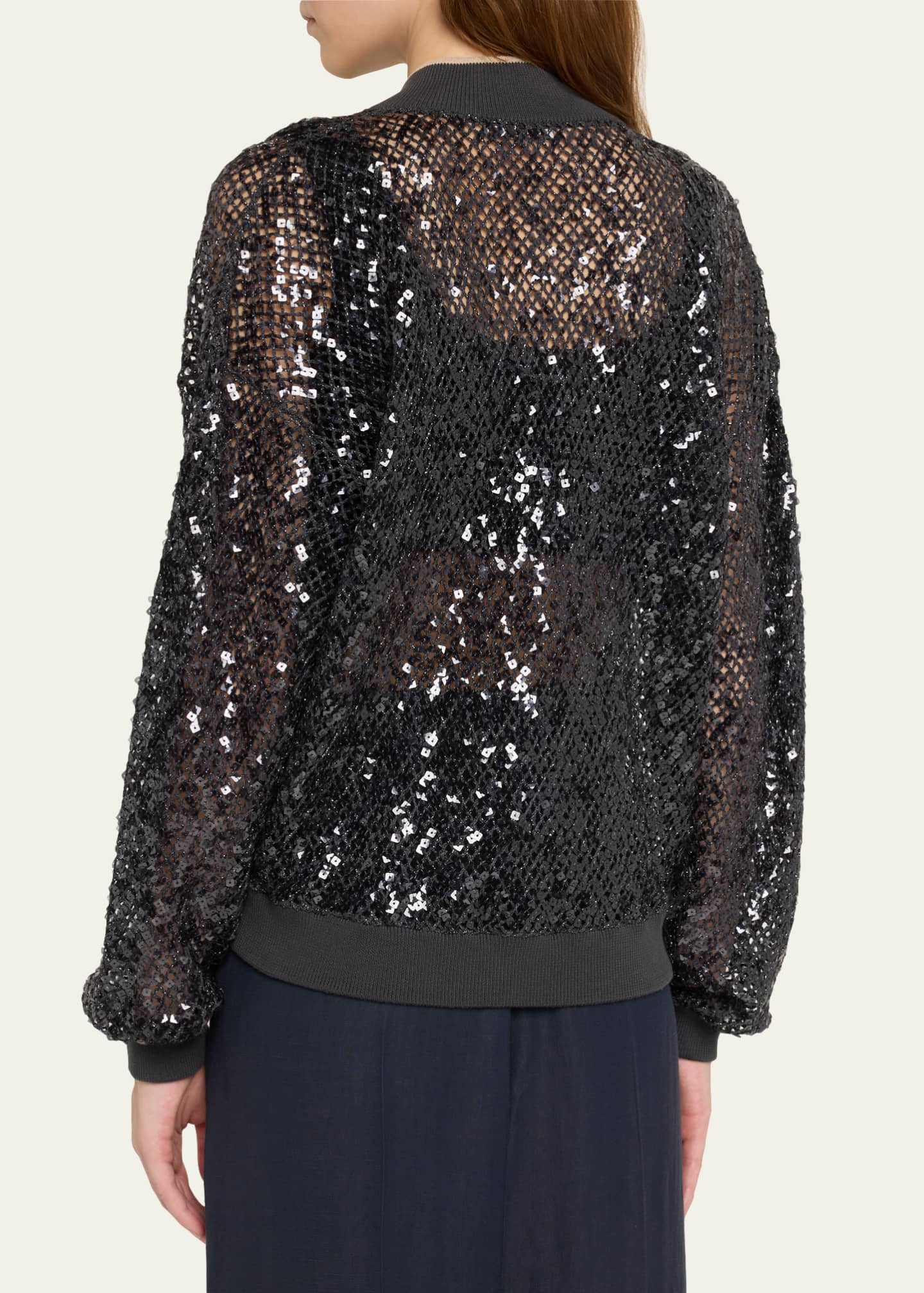 Brunello Cucinelli Paillette Net Knit Zip Bomber Cardigan Image 3 of 5