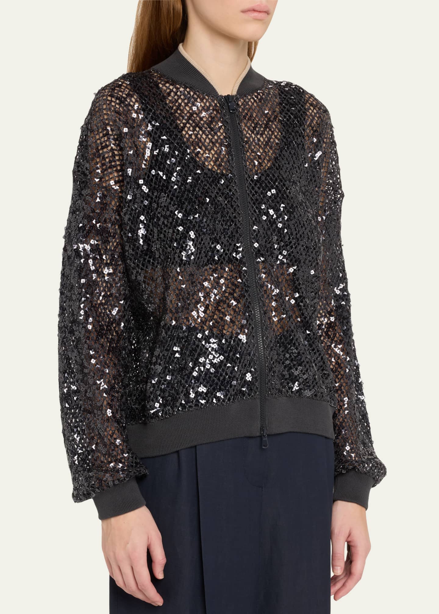 Brunello Cucinelli Paillette Net Knit Zip Bomber Cardigan Image 4 of 5