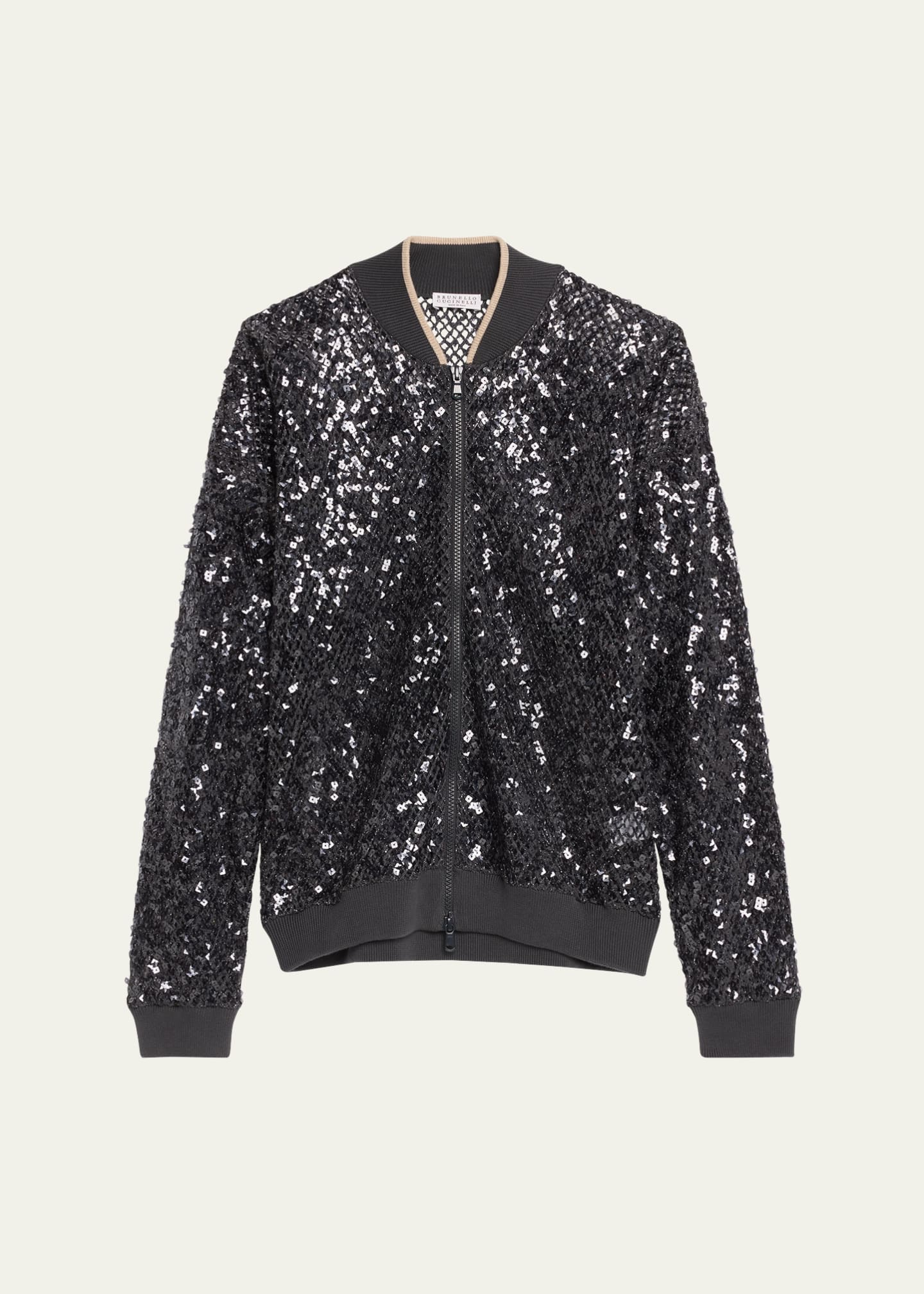 Brunello Cucinelli Paillette Net Knit Zip Bomber Cardigan Image 1 of 5