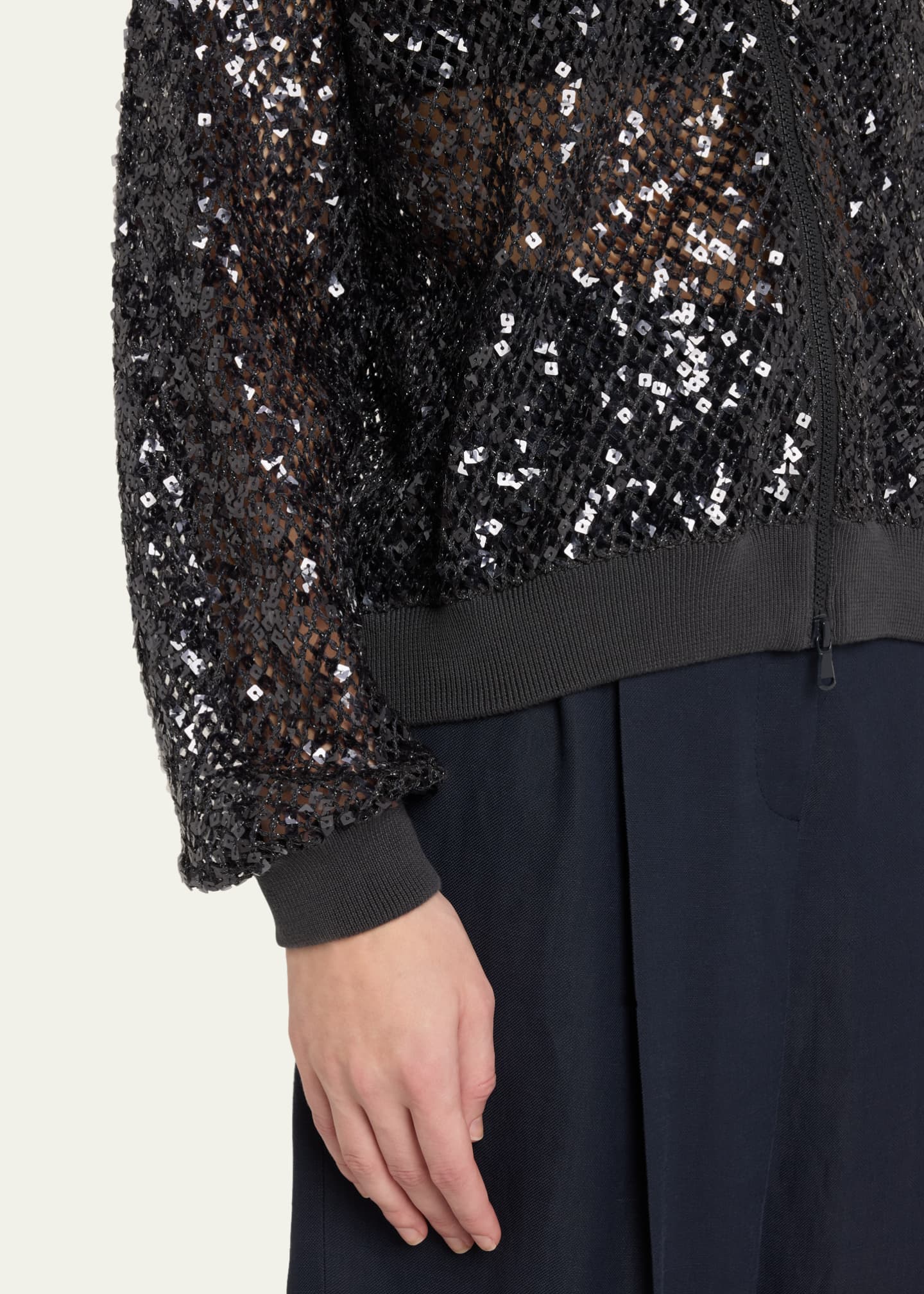 Brunello Cucinelli Paillette Net Knit Zip Bomber Cardigan Image 5 of 5