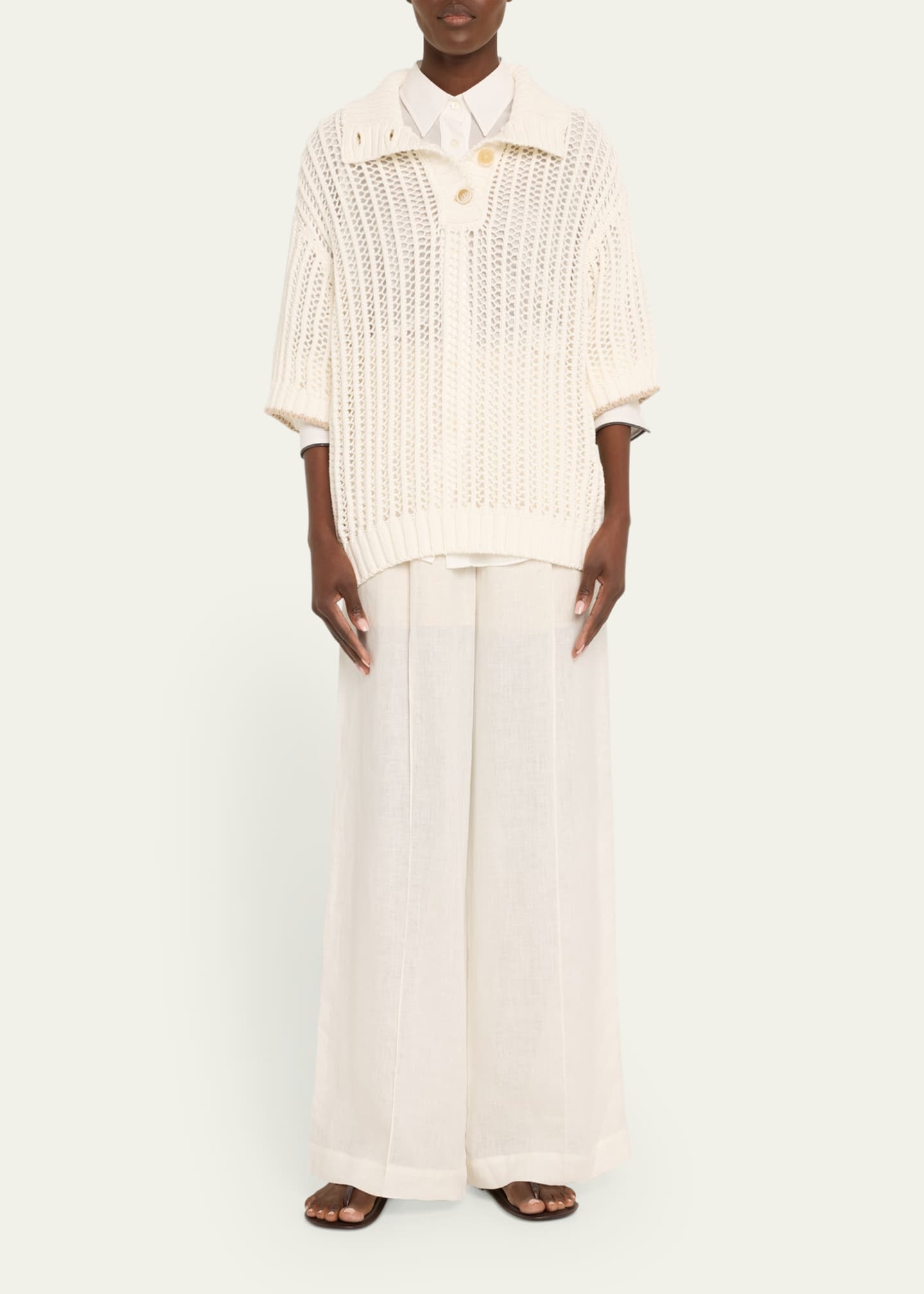 Brunello Cucinelli Short-Sleeve Summer Rope Knit Half Button Sweater Image 2 of 5