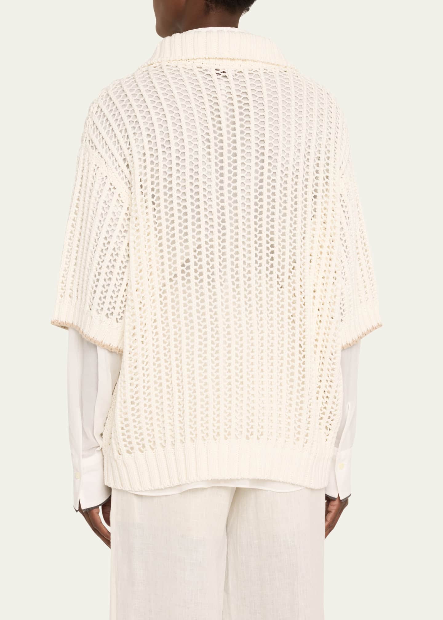 Brunello Cucinelli Short-Sleeve Summer Rope Knit Half Button Sweater Image 3 of 5