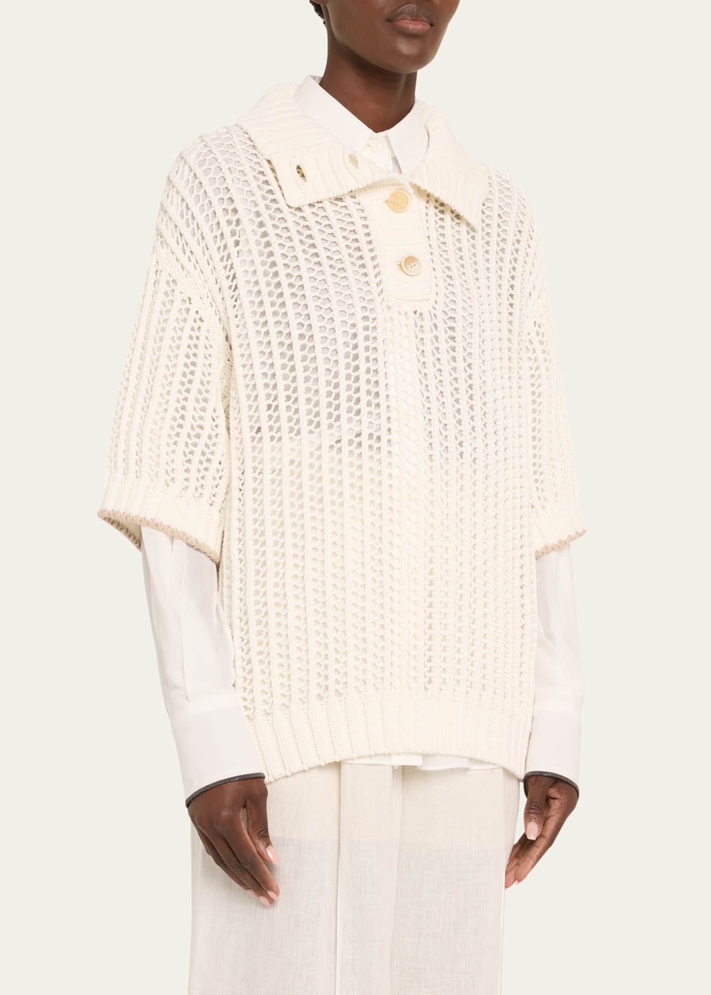 Brunello Cucinelli Short-Sleeve Summer Rope Knit Half Button Sweater Image 4 of 5