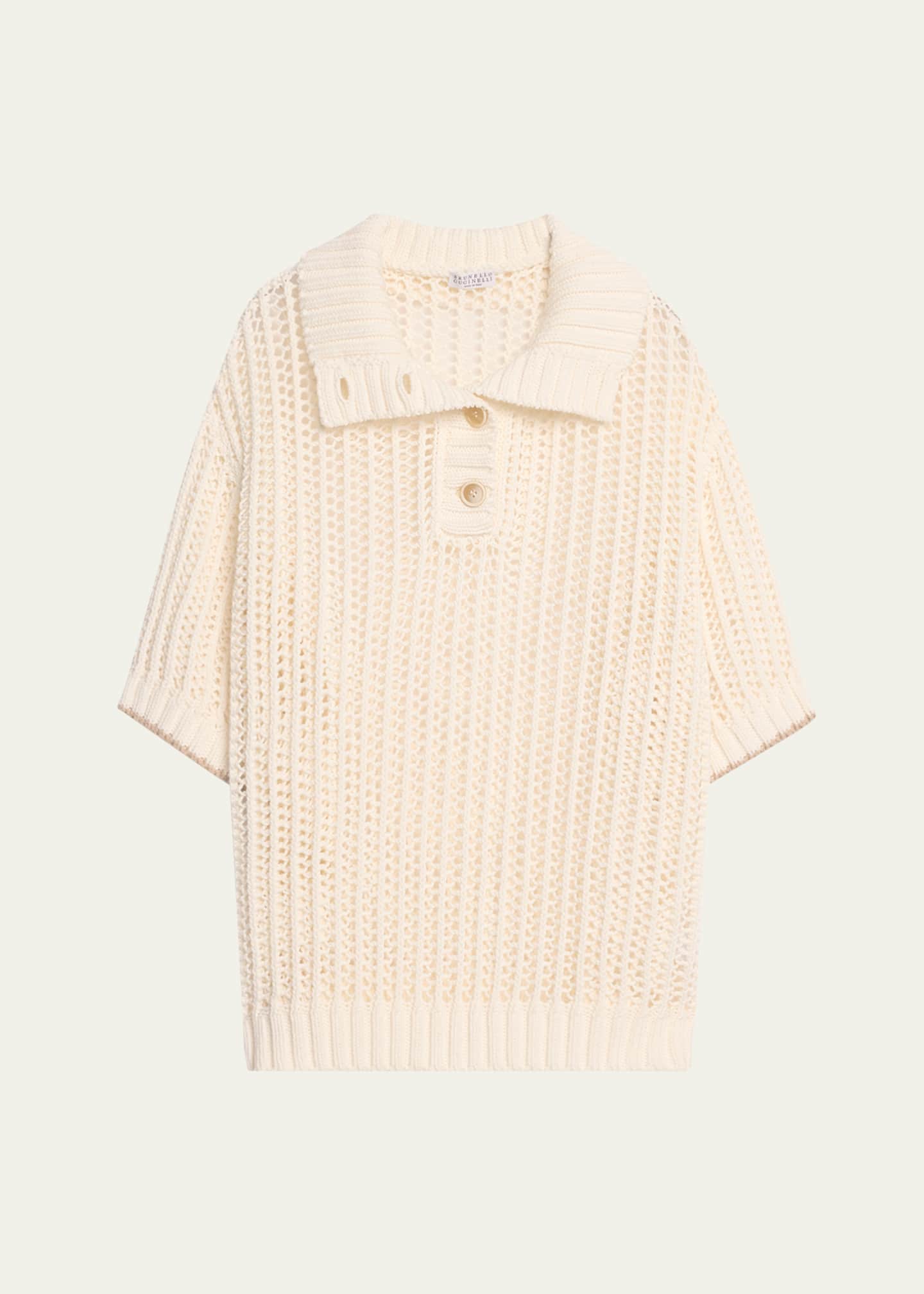 Brunello Cucinelli Short-Sleeve Summer Rope Knit Half Button Sweater Image 1 of 5