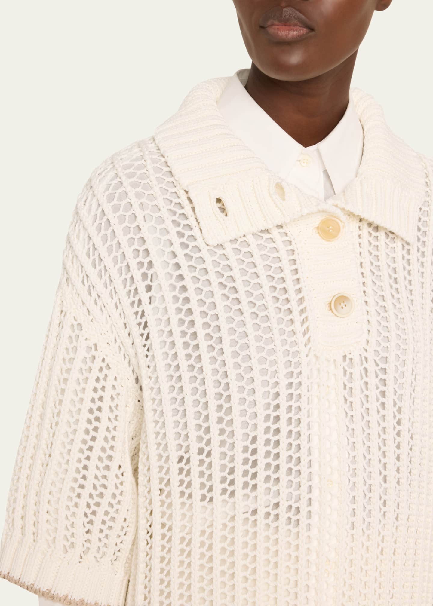 Brunello Cucinelli Short-Sleeve Summer Rope Knit Half Button Sweater Image 5 of 5