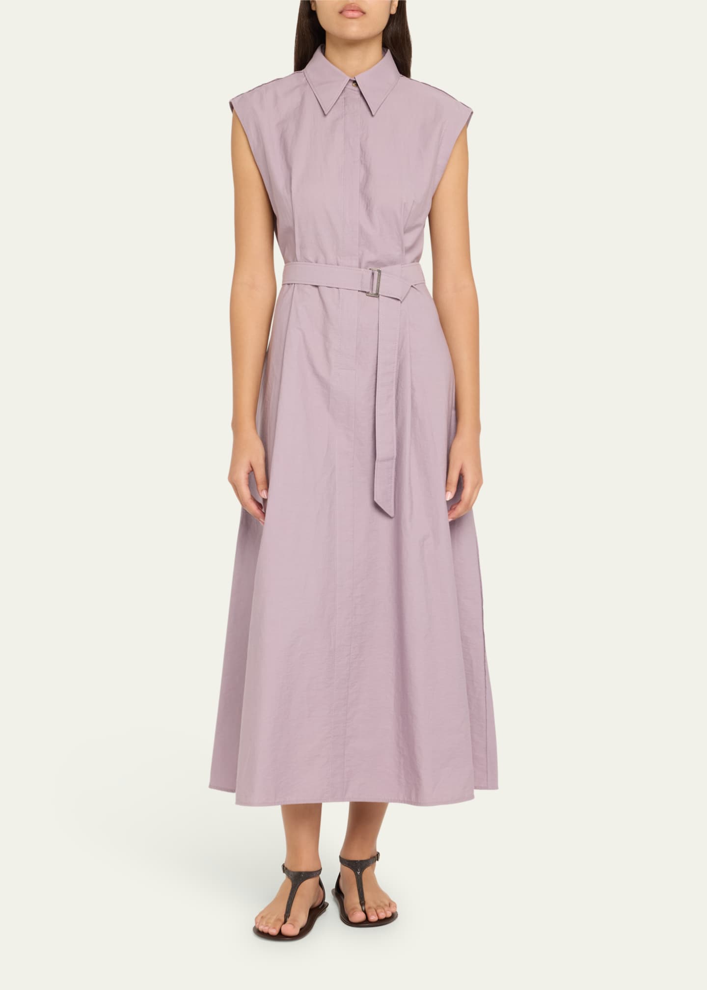 Brunello Cucinelli Cap-Sleeve Belted Crispy Cotton Midi Shirtdress Image 2 of 5