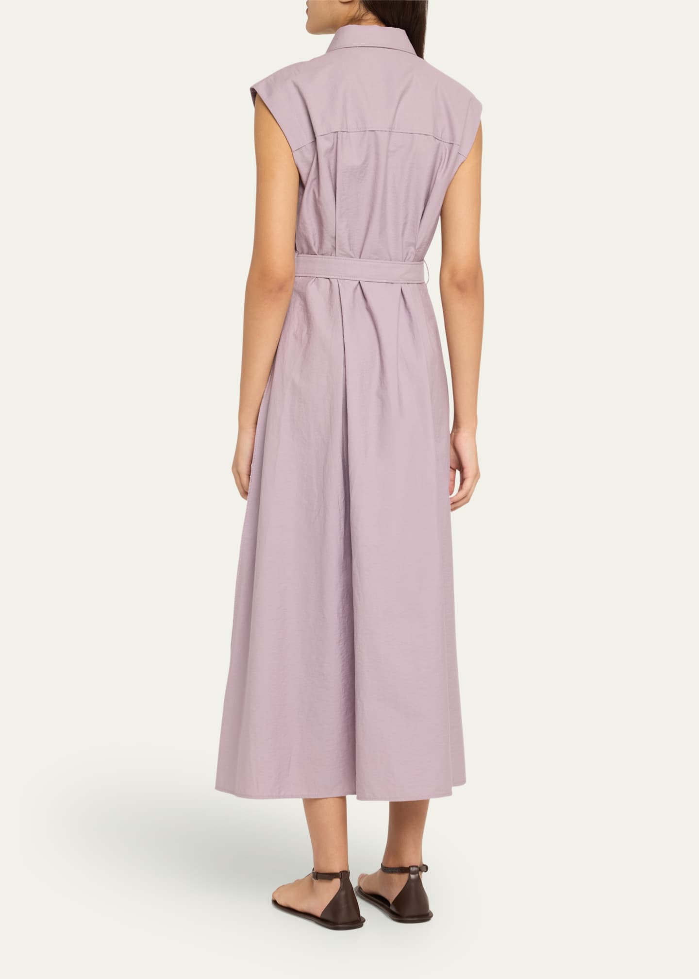 Brunello Cucinelli Cap-Sleeve Belted Crispy Cotton Midi Shirtdress Image 3 of 5