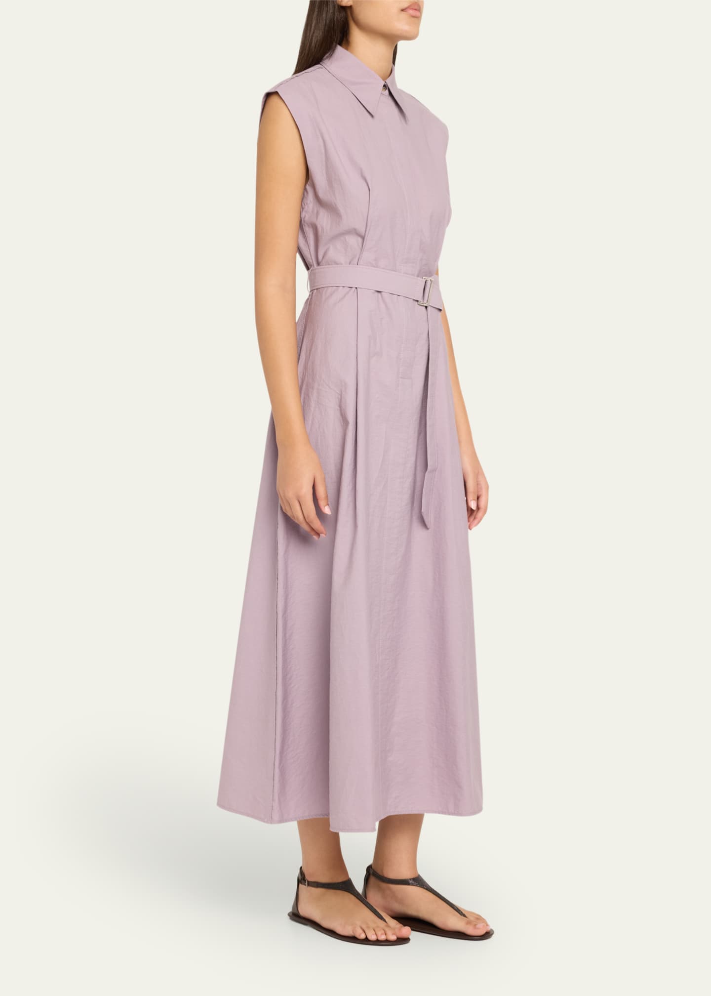 Brunello Cucinelli Cap-Sleeve Belted Crispy Cotton Midi Shirtdress Image 4 of 5