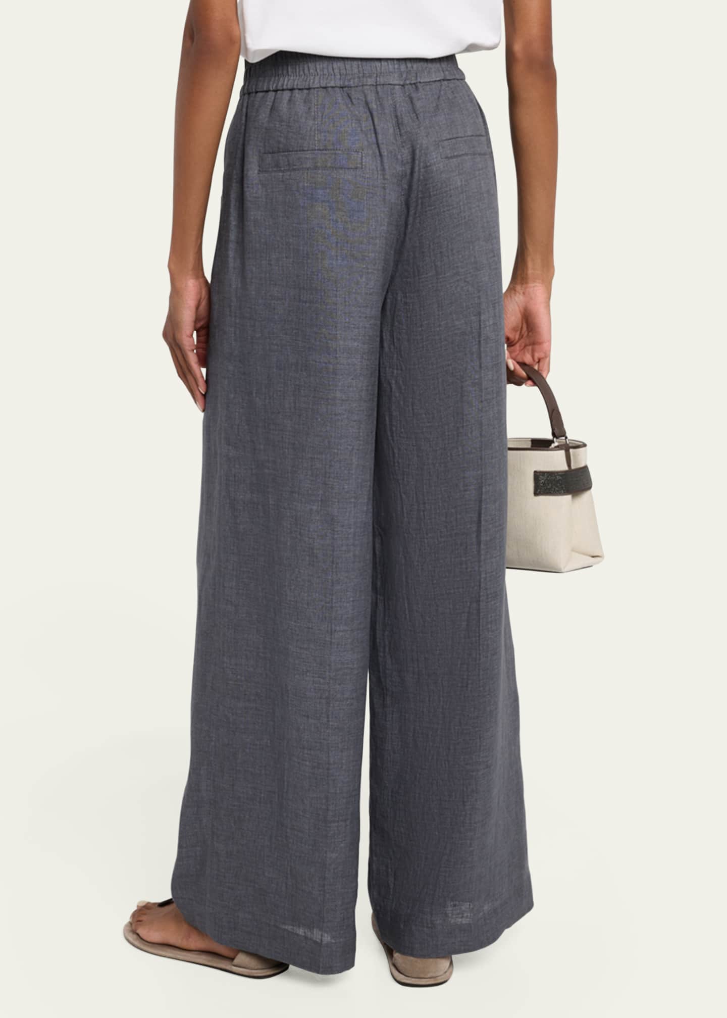 Brunello Cucinelli Pleated Wide-Leg Linen Pull-On Trackpants Image 3 of 5