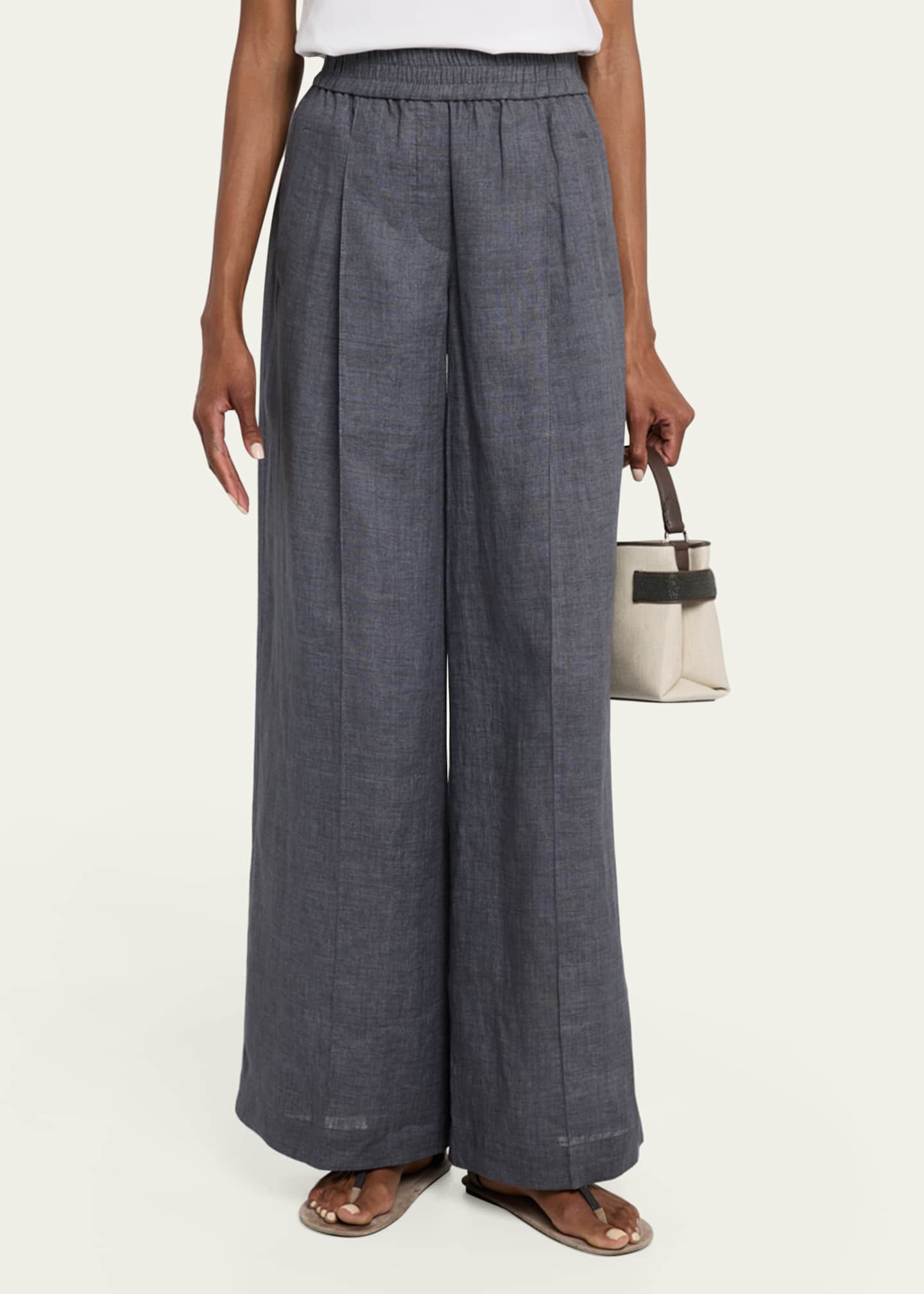 Brunello Cucinelli Pleated Wide-Leg Linen Pull-On Trackpants Image 4 of 5