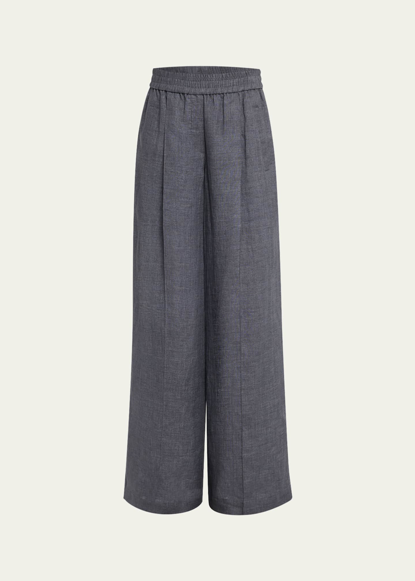 Brunello Cucinelli Pleated Wide-Leg Linen Pull-On Trackpants Image 1 of 5