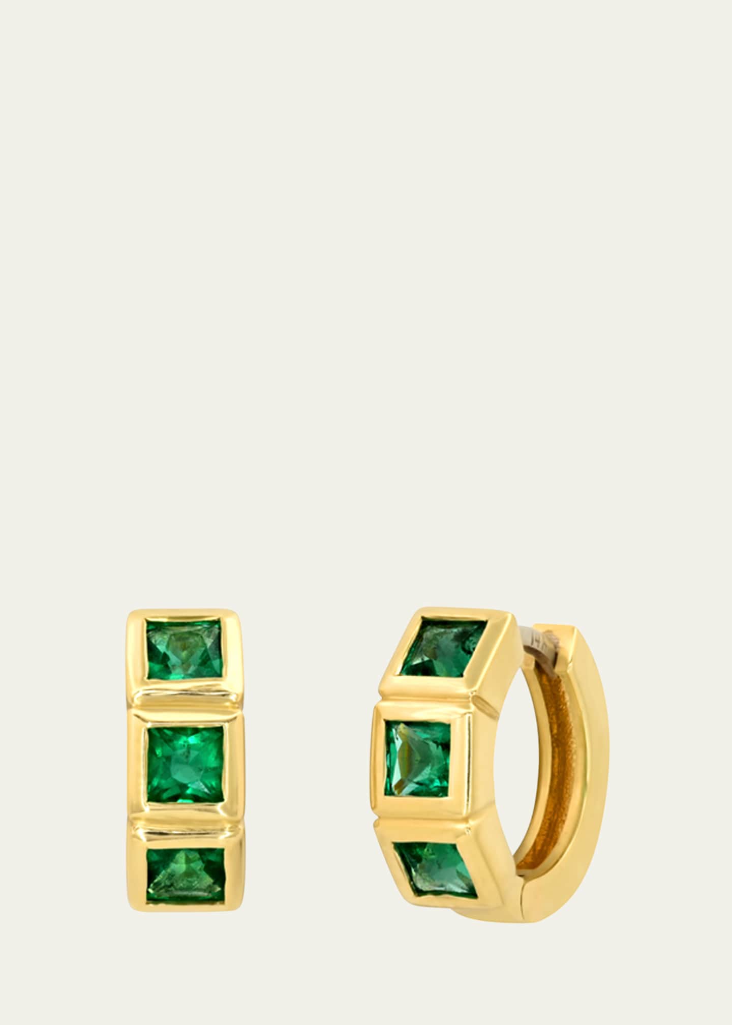 Shylee Rose Jewelry 14K Yellow Gold 3-Emerald Framed Huggie Earrings