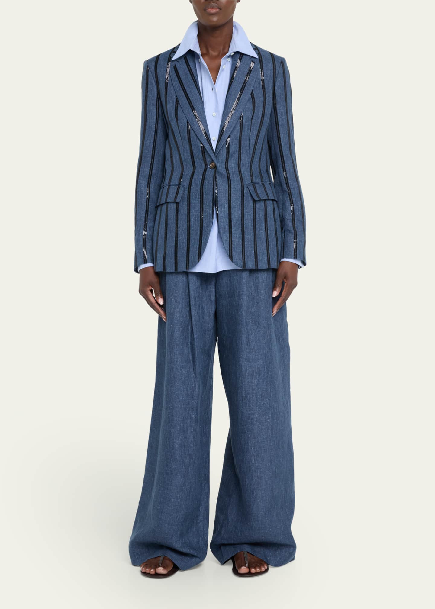 Brunello Cucinelli Paillette Striped Denim-Effect Linen Single-Breasted Blazer Image 2 of 4