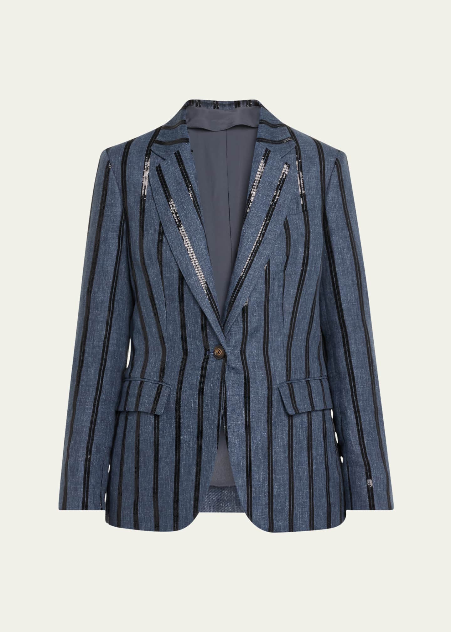Brunello Cucinelli Paillette Striped Denim-Effect Linen Single-Breasted Blazer Image 1 of 4