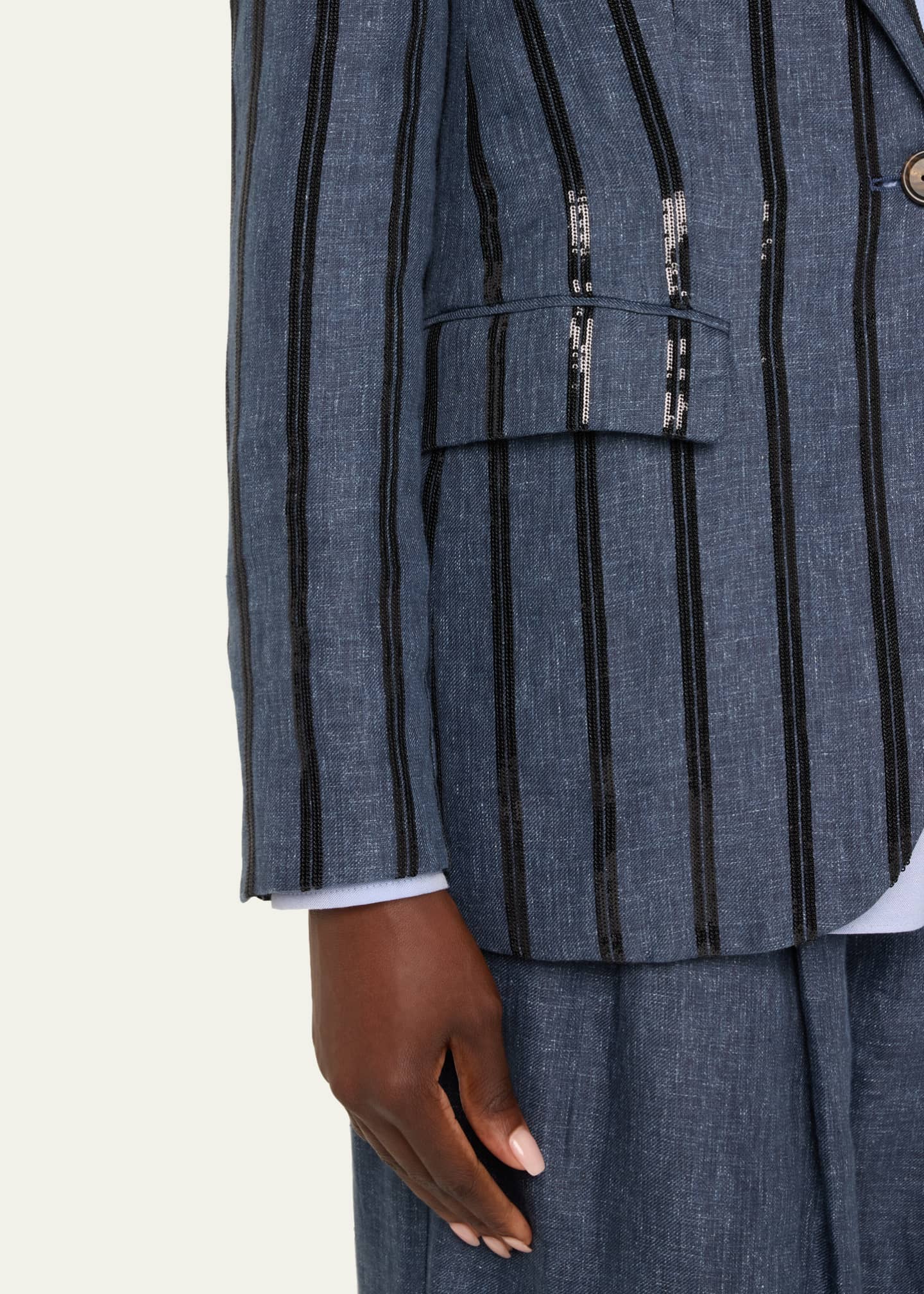 Brunello Cucinelli Paillette Striped Denim-Effect Linen Single-Breasted Blazer Image 4 of 4