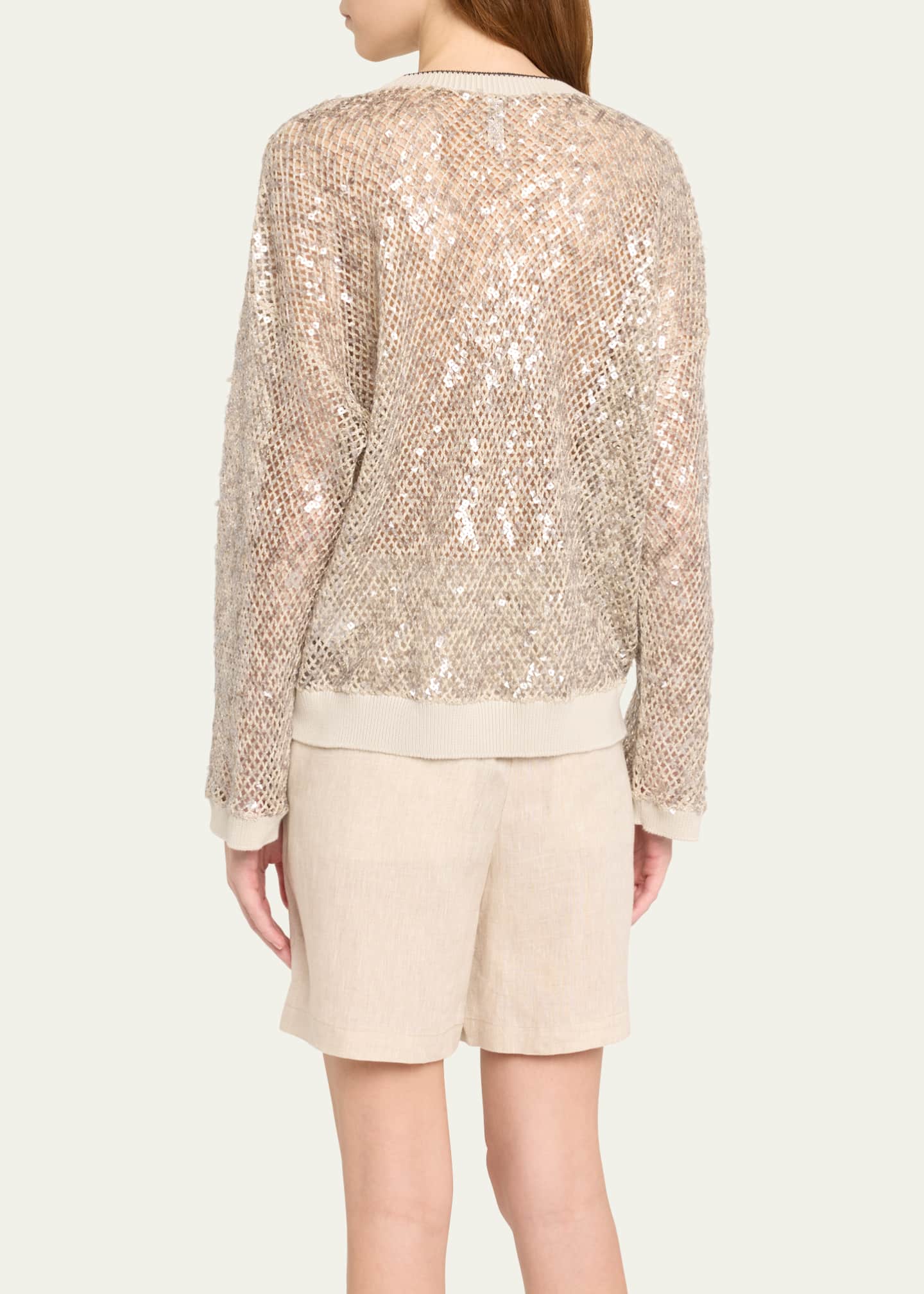 Brunello Cucinelli Linen-Silk Paillette Open Knit Crewneck Sweater Image 3 of 5