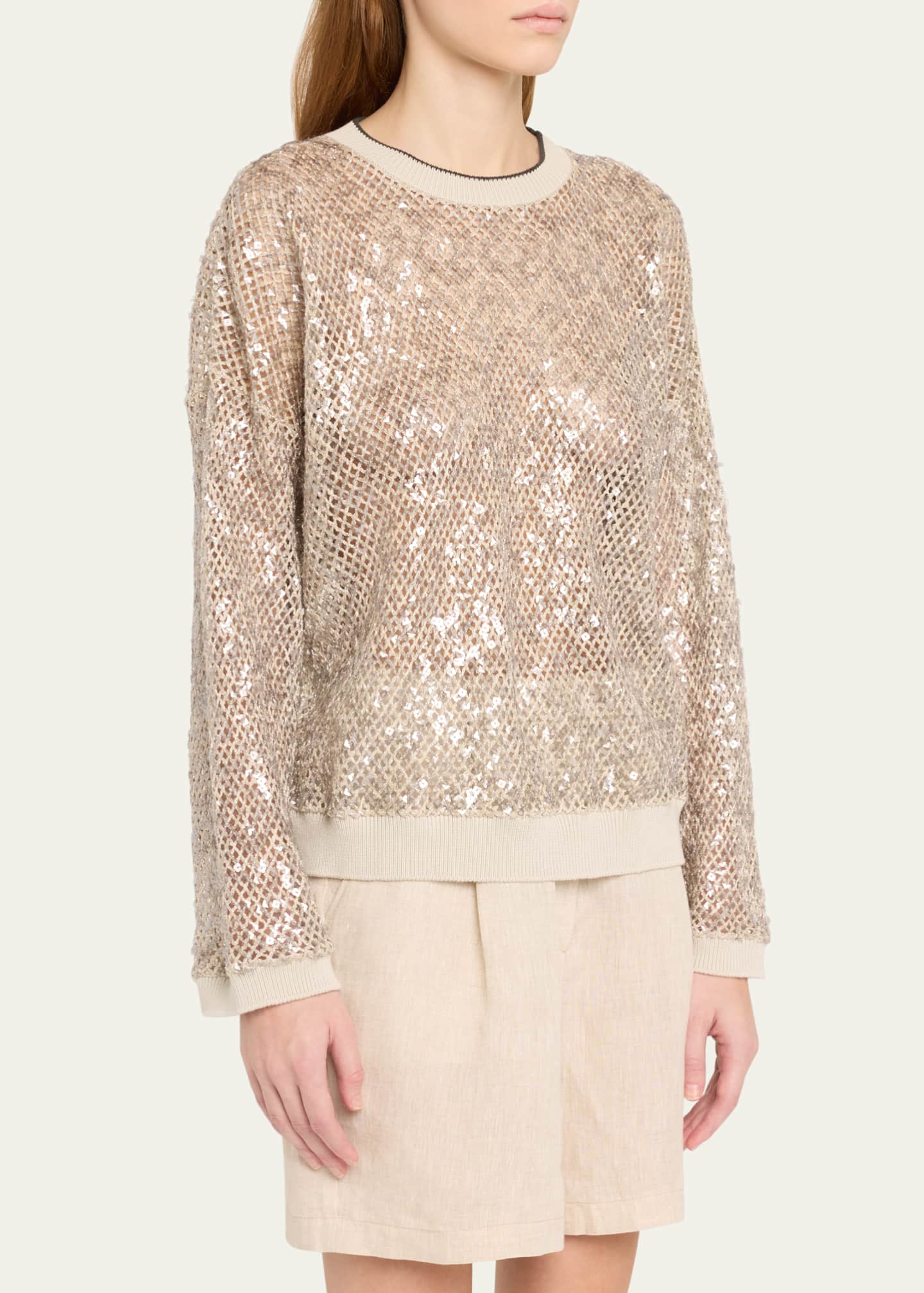 Brunello Cucinelli Linen-Silk Paillette Open Knit Crewneck Sweater Image 4 of 5