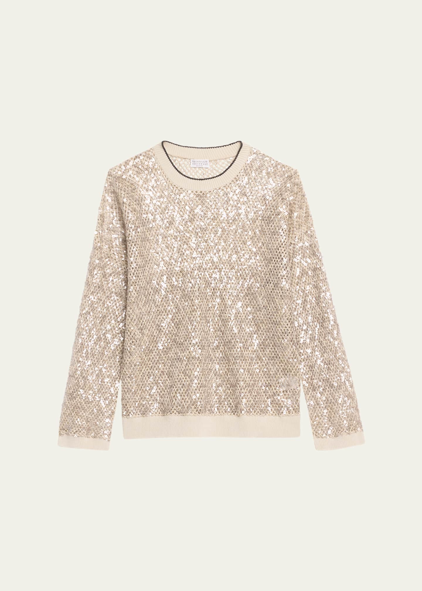 Brunello Cucinelli Linen-Silk Paillette Open Knit Crewneck Sweater Image 1 of 5
