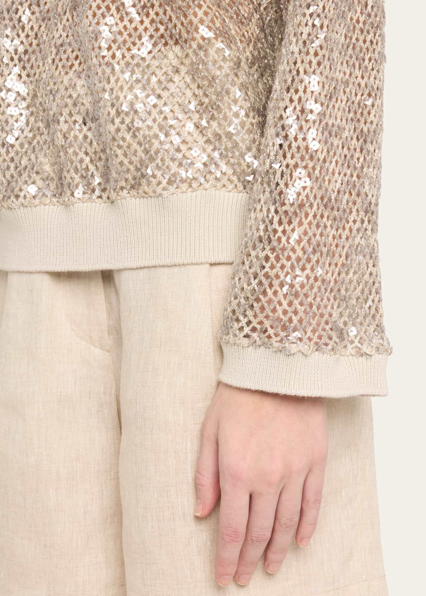 Brunello Cucinelli Linen-Silk Paillette Open Knit Crewneck Sweater Image 5 of 5