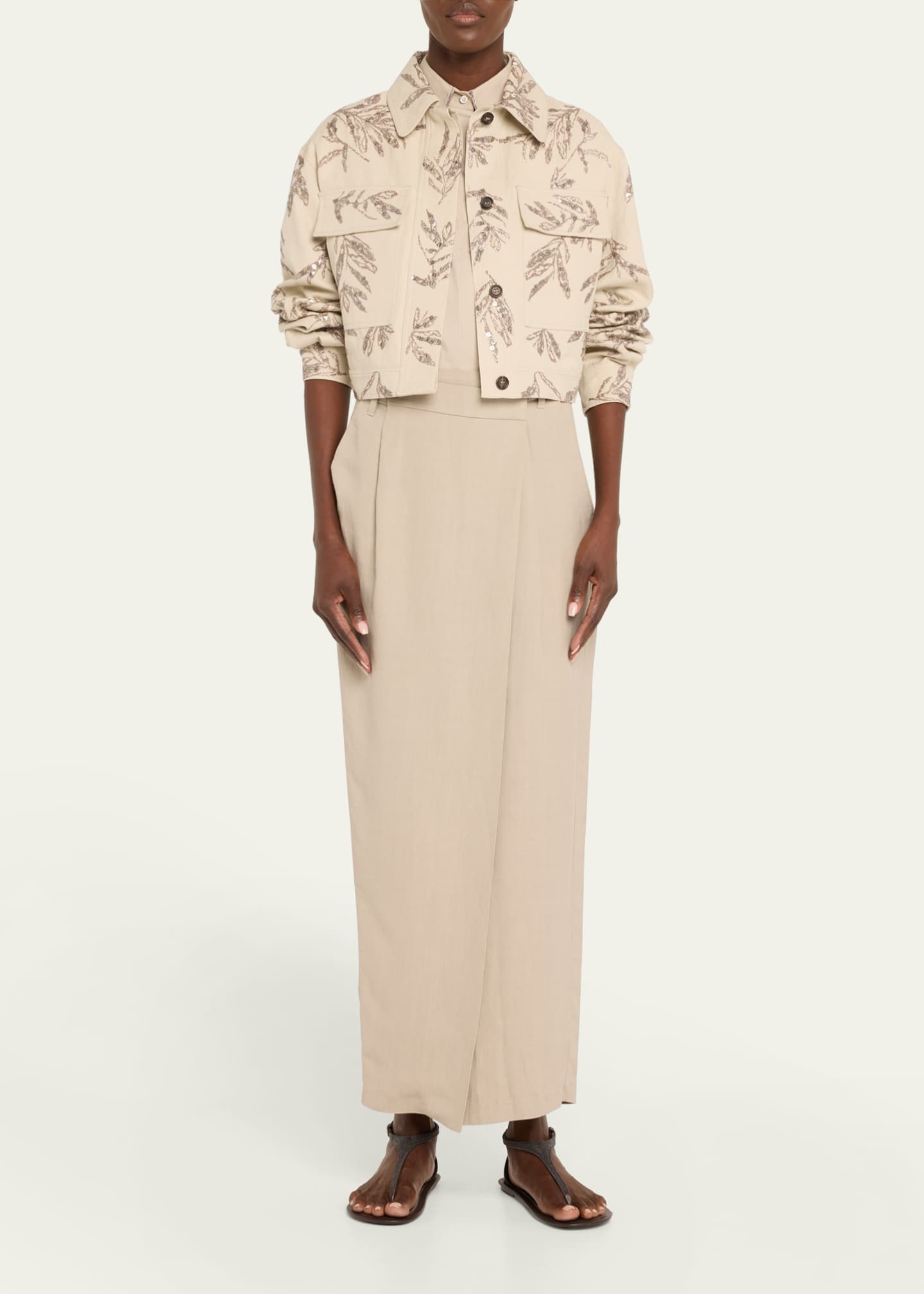 Brunello Cucinelli Herbarium Paillette Embroidered Canvas Crop Shirt Jacket Image 2 of 5