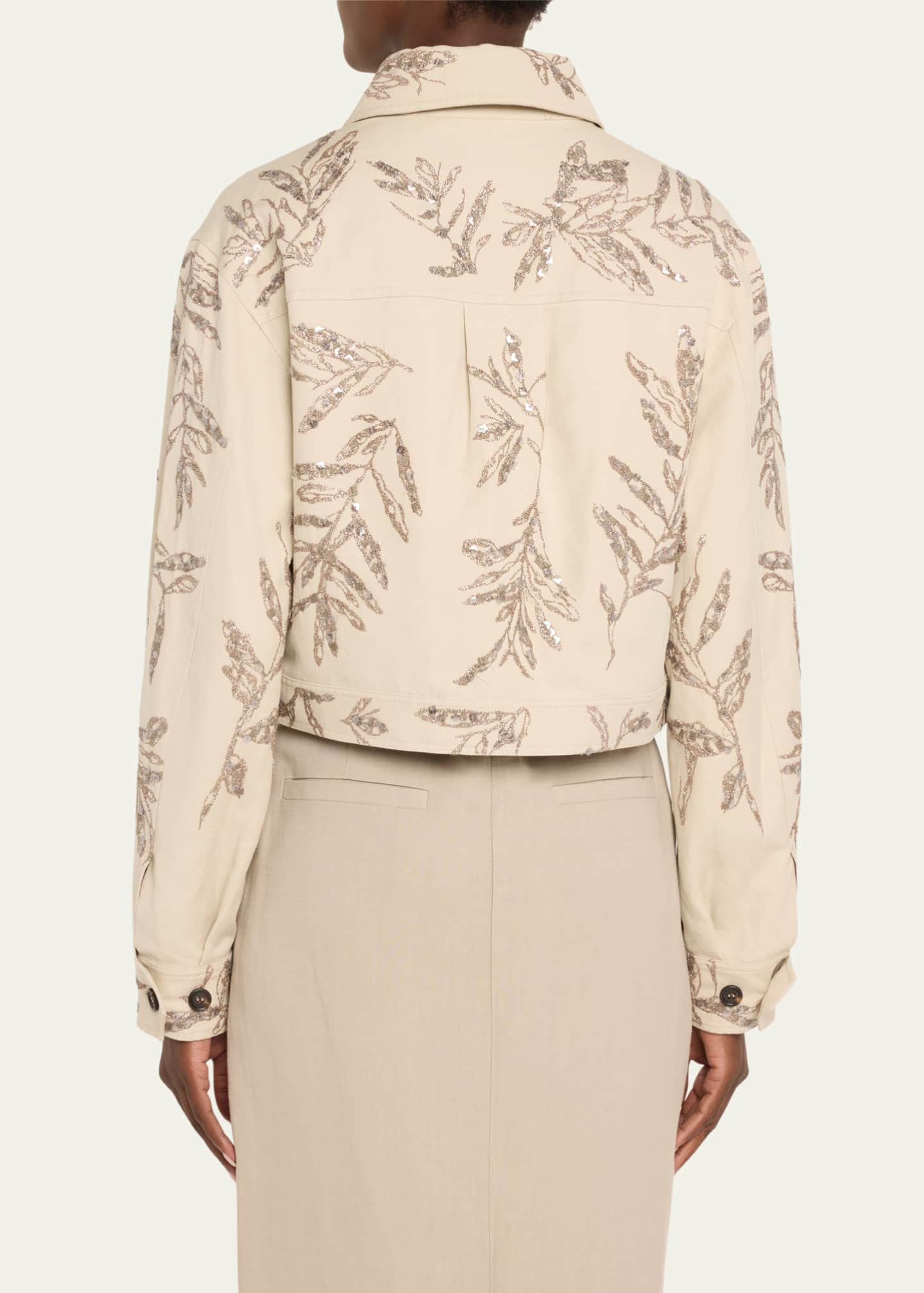 Brunello Cucinelli Herbarium Paillette Embroidered Canvas Crop Shirt Jacket Image 3 of 5