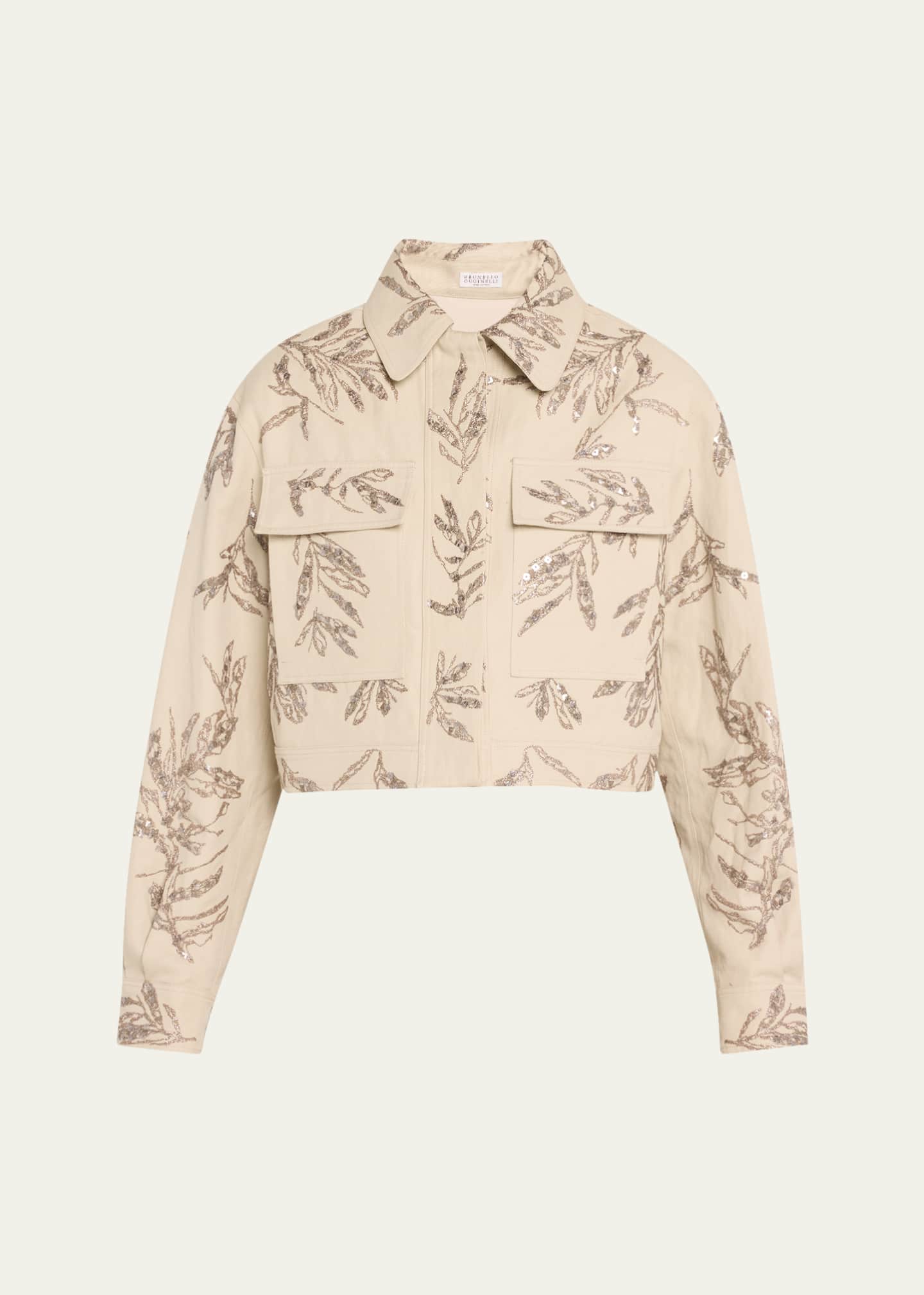 Brunello Cucinelli Herbarium Paillette Embroidered Canvas Crop Shirt Jacket Image 1 of 5