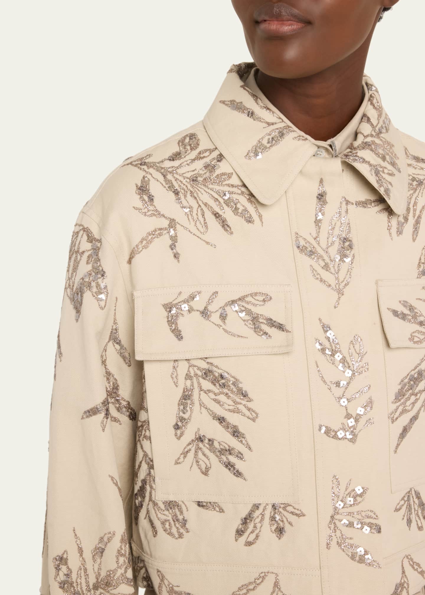 Brunello Cucinelli Herbarium Paillette Embroidered Canvas Crop Shirt Jacket Image 5 of 5