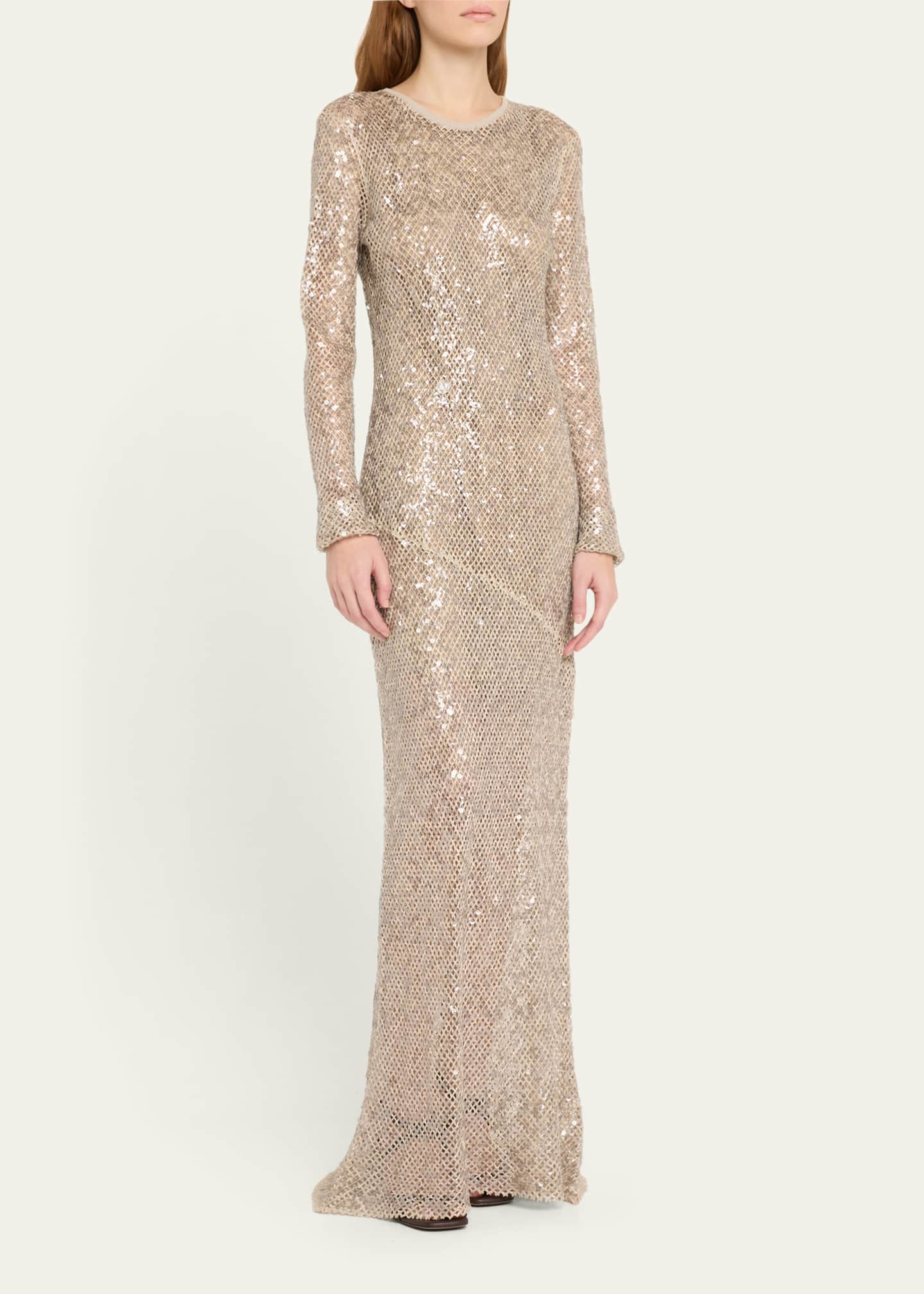 Brunello Cucinelli Paillette Net Knit Long-Sleeve Maxi Dress Image 4 of 5