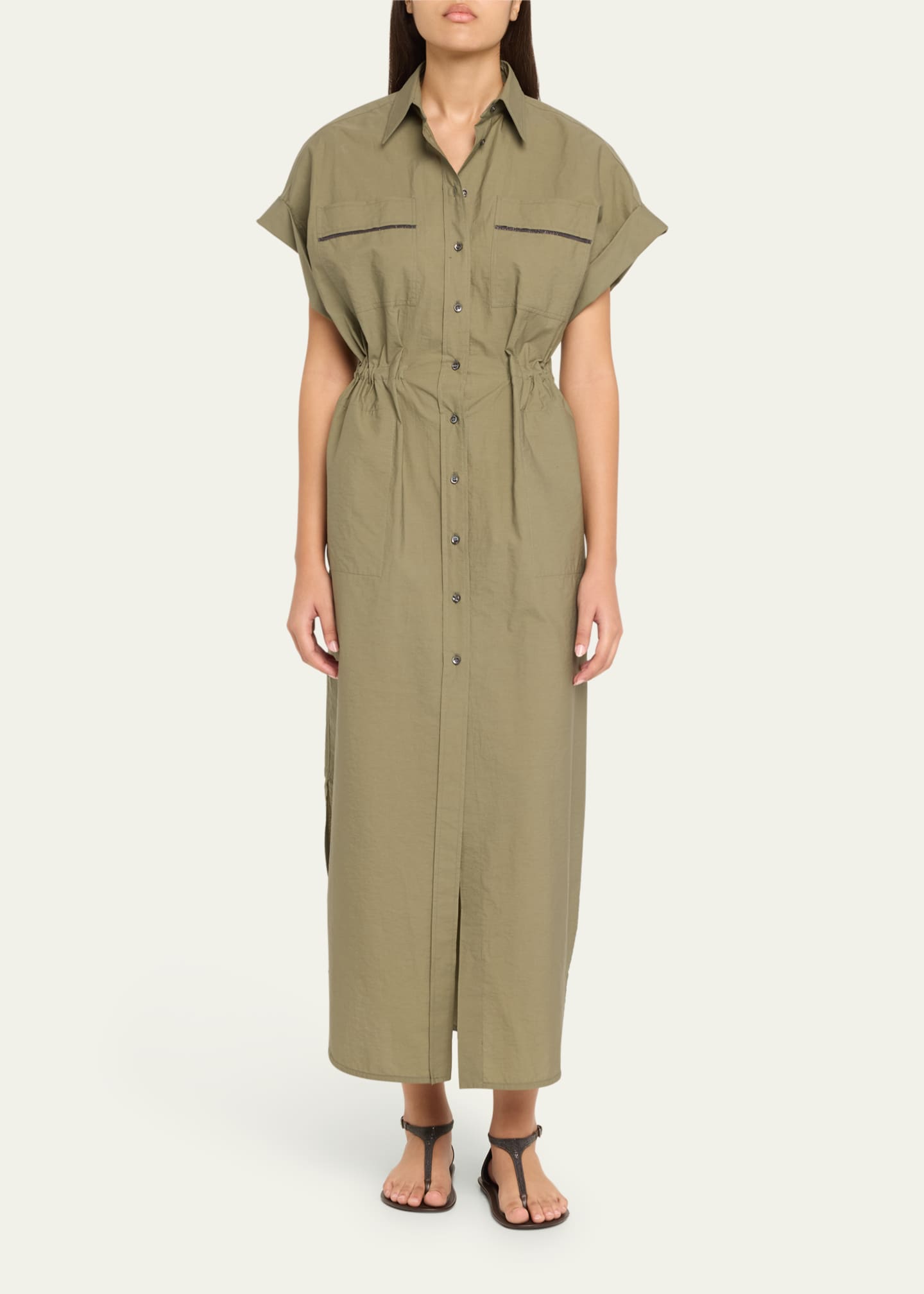 Brunello Cucinelli Monili-Trim Short-Sleeve Techno Cotton Poplin Midi Shirtdress Image 2 of 5
