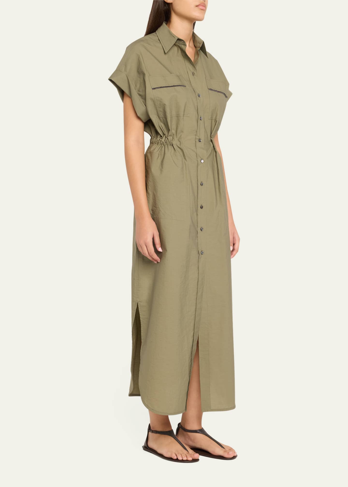 Brunello Cucinelli Monili-Trim Short-Sleeve Techno Cotton Poplin Midi Shirtdress Image 4 of 5