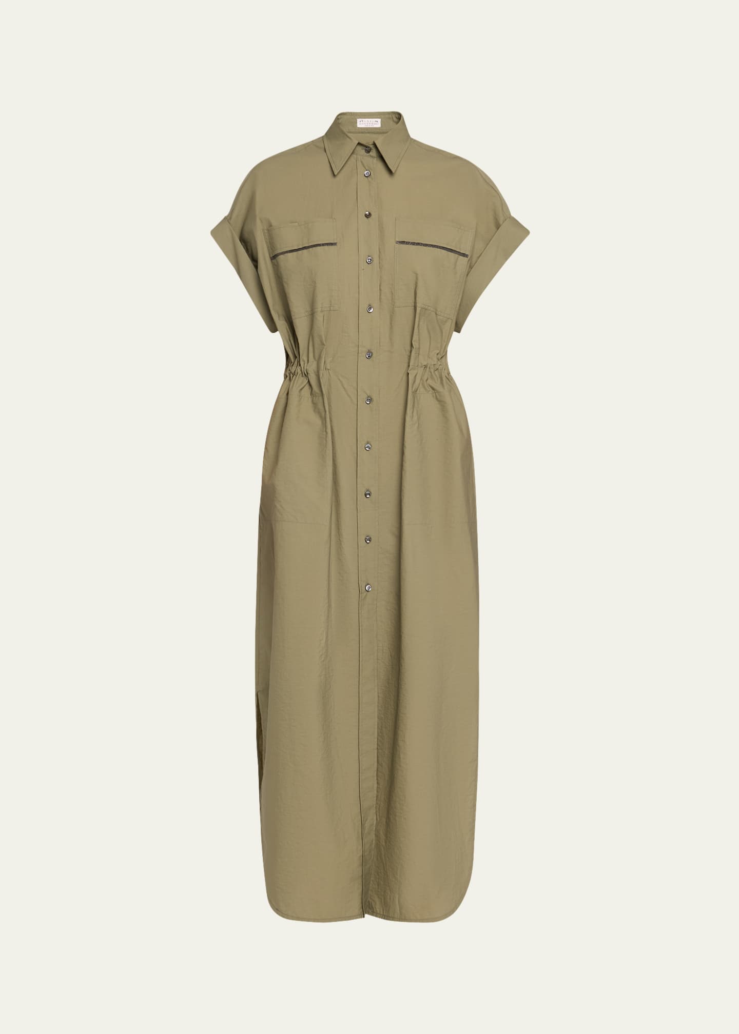 Brunello Cucinelli Monili-Trim Short-Sleeve Techno Cotton Poplin Midi Shirtdress Image 1 of 5